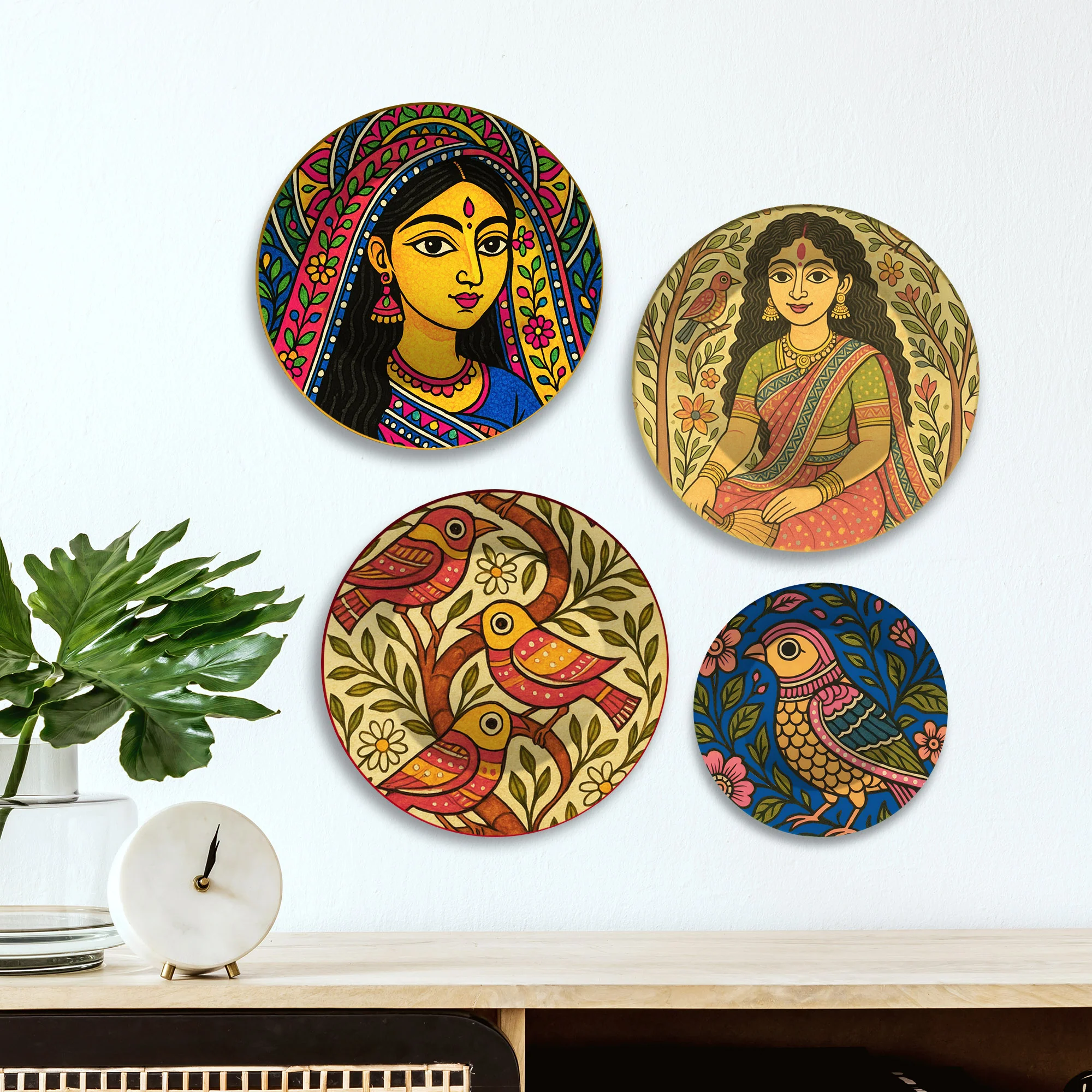 Madhubani Inspired Women & Birds Premium Wall Plates Painting Set of Four - Image 2