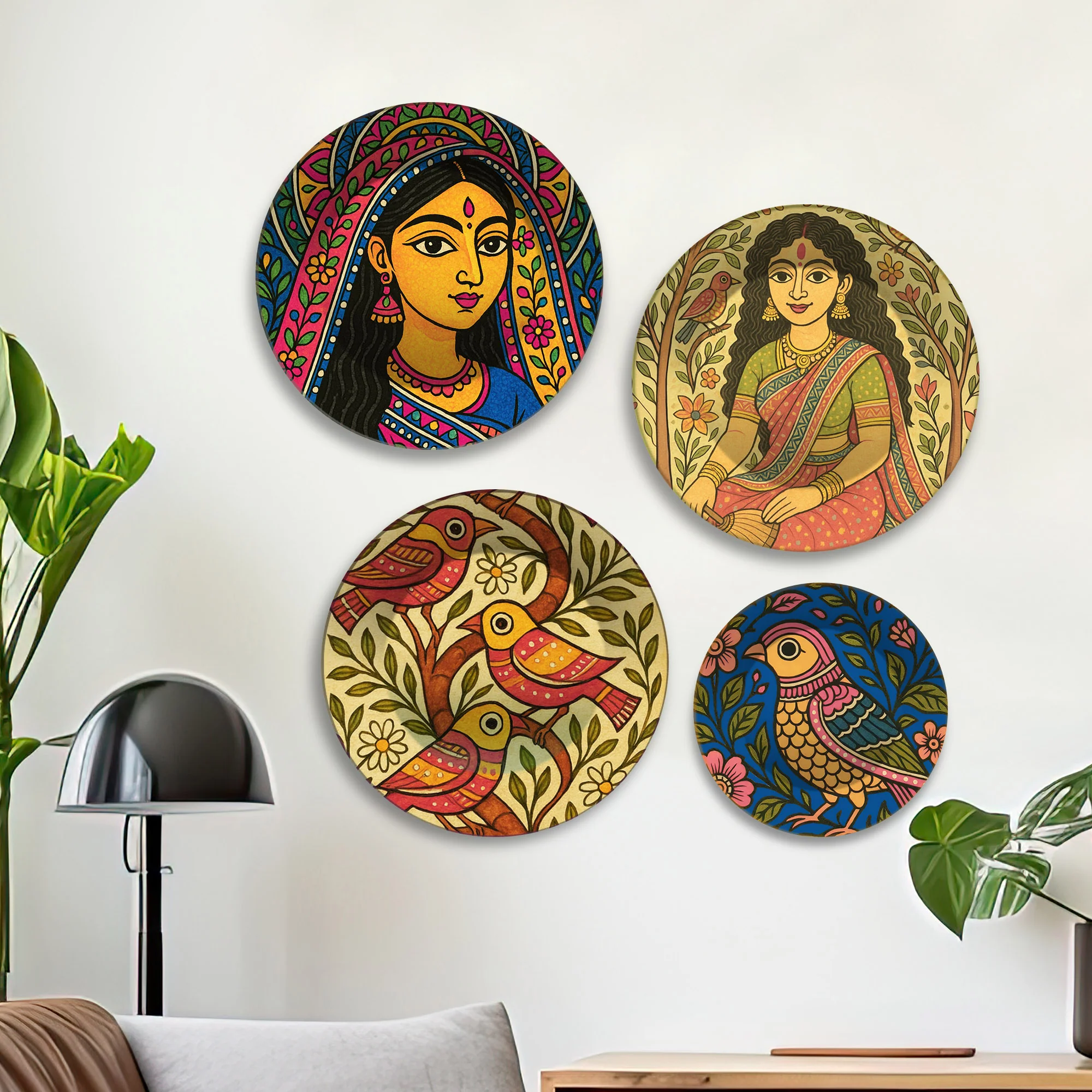 Madhubani Inspired Women & Birds Premium Wall Plates Painting Set of Four - Image 3