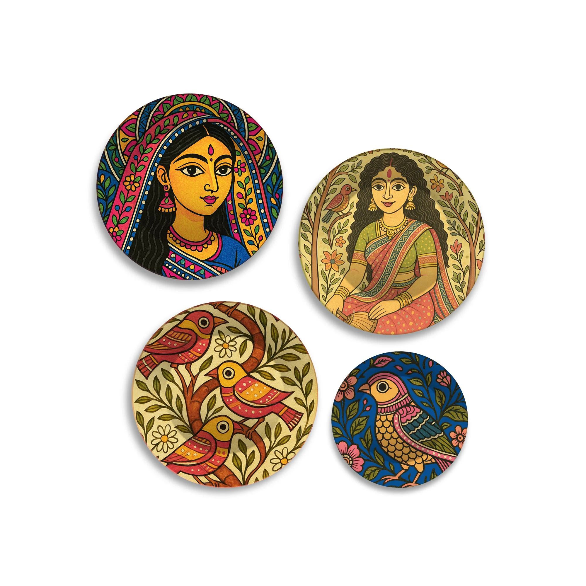 Madhubani Inspired Women & Birds Premium Wall Plates Painting Set of Four - Image 4