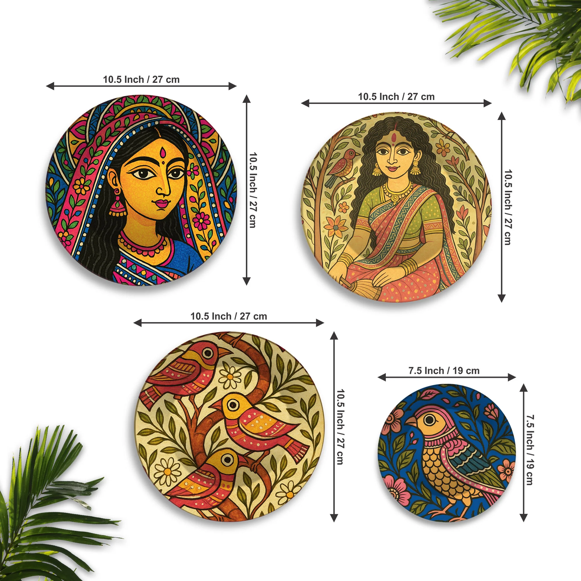 Madhubani Inspired Women & Birds Premium Wall Plates Painting Set of Four - Image 6