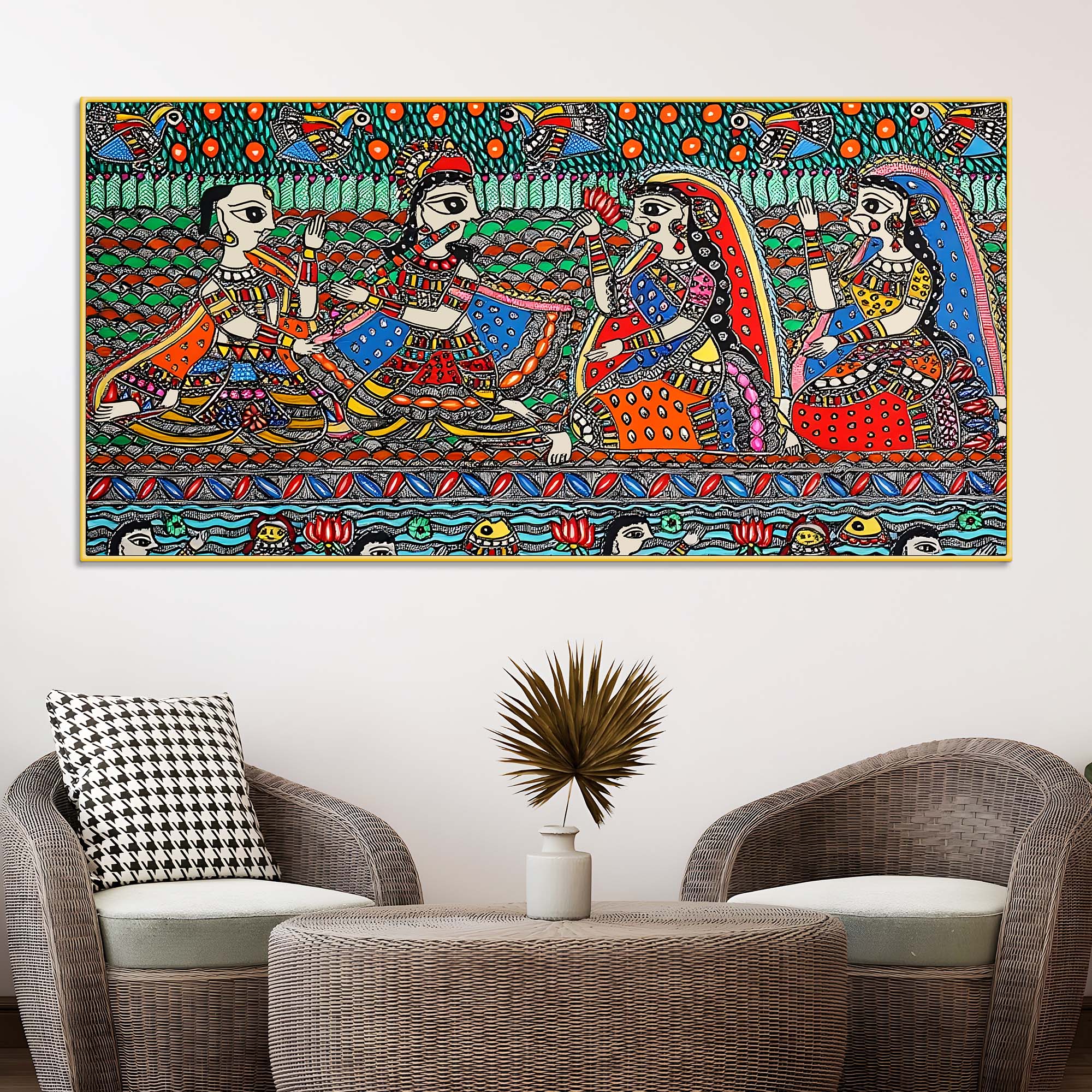 Madhubani Krishna and Gopis Canvas Wall Religious Painting