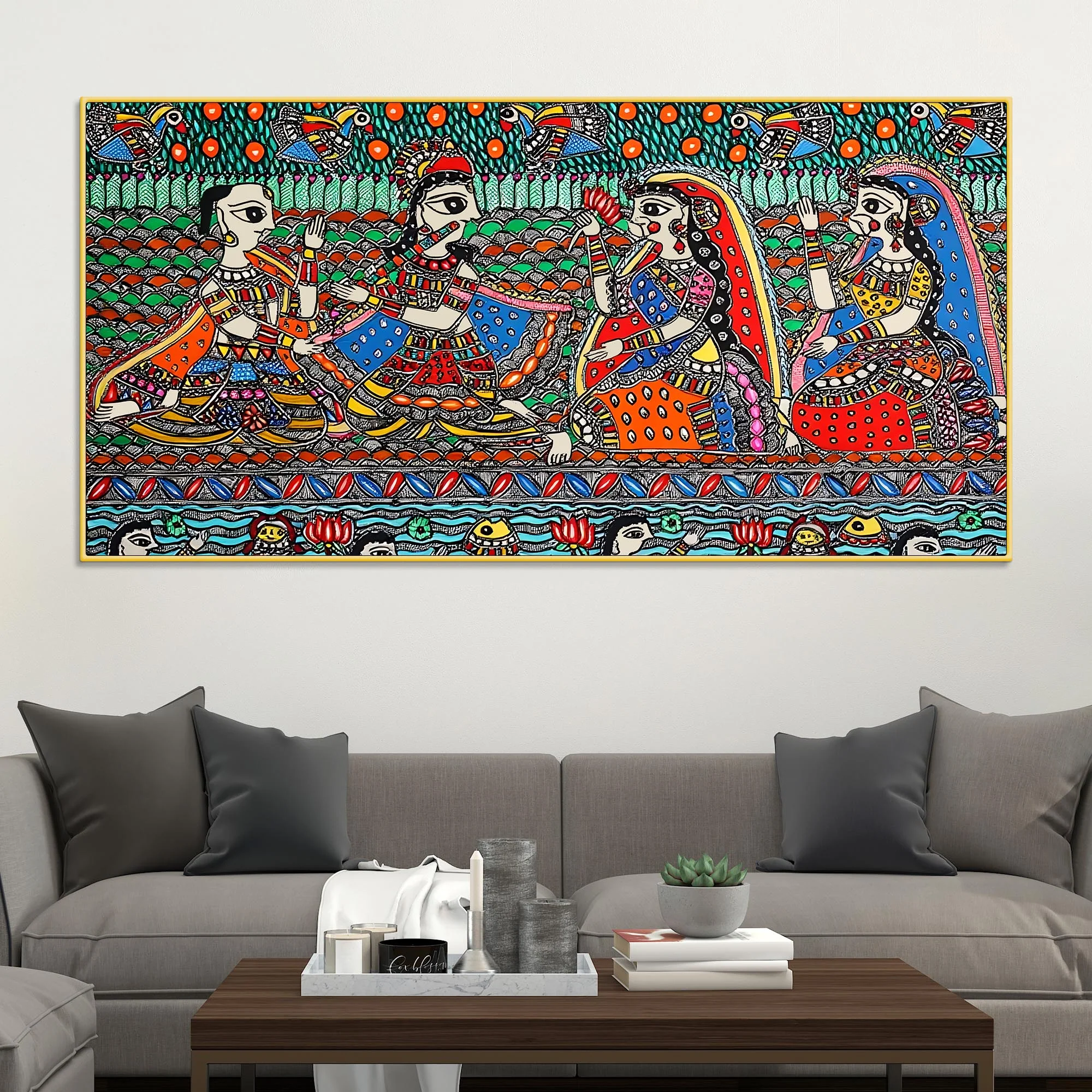 Madhubani Krishna and Gopis Canvas Wall Religious Painting - Image 2