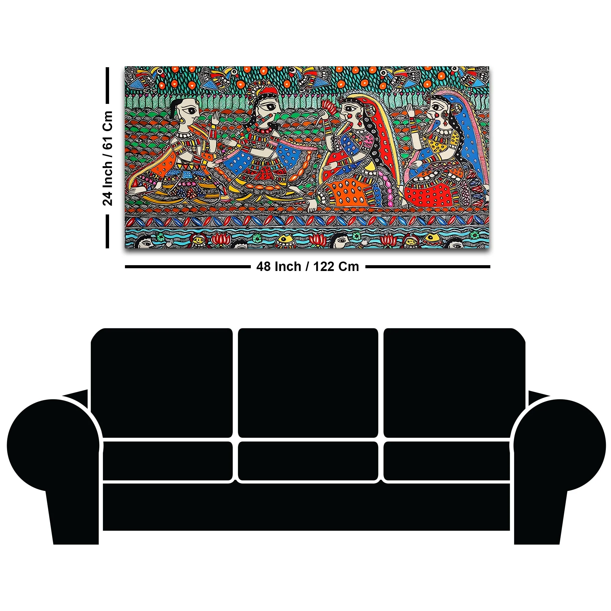 Madhubani Krishna and Gopis Canvas Wall Religious Painting - Image 8