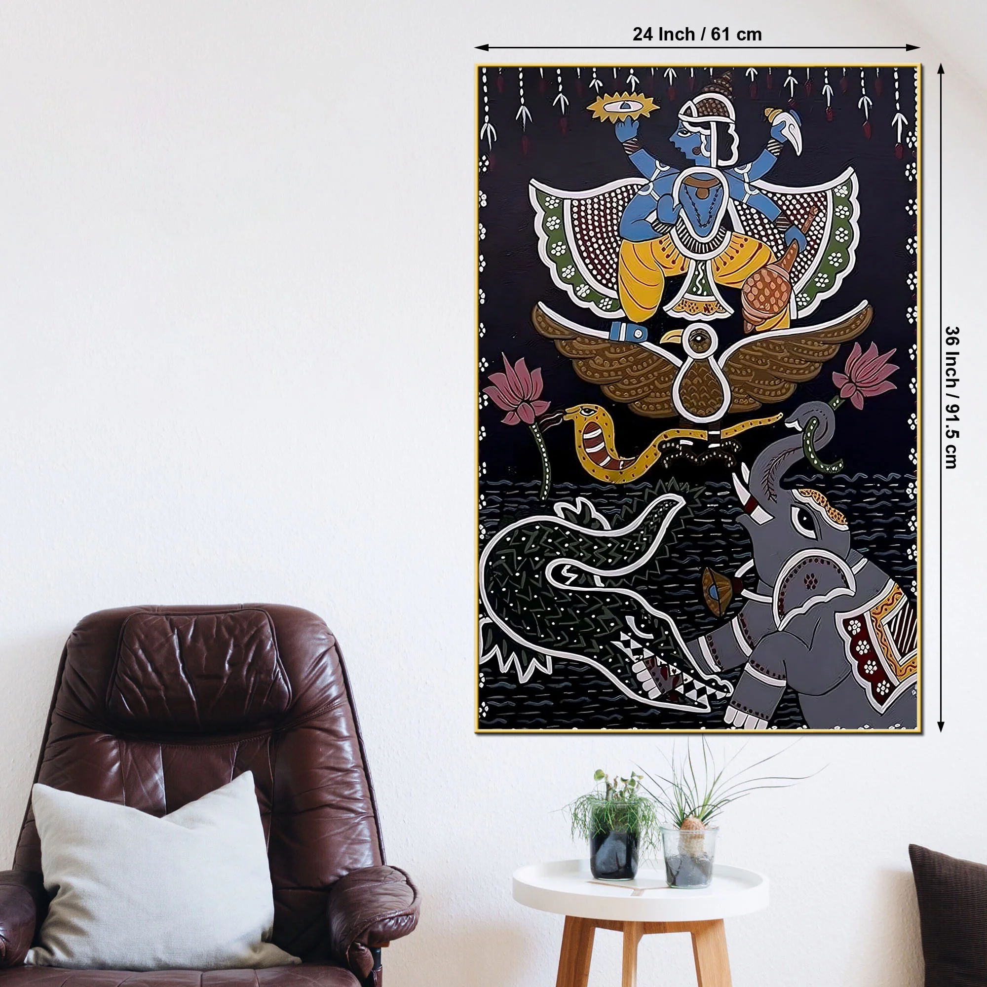 Madhubani Krishna Divine Scene Canvas Painting - Image 5