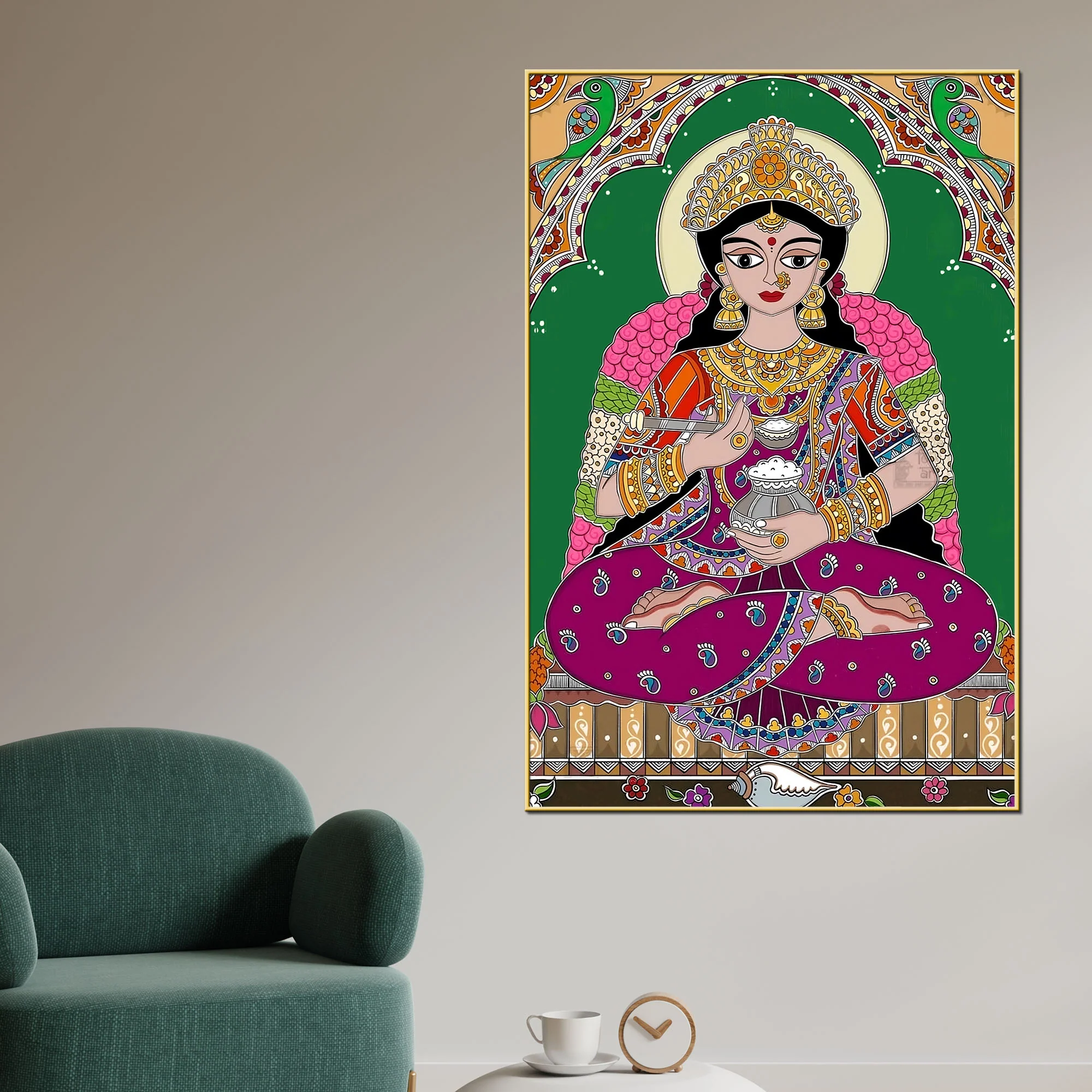 Madhubani Lakshmi Maa Canvas Painting Traditional Hindu Wall Decor - Image 2