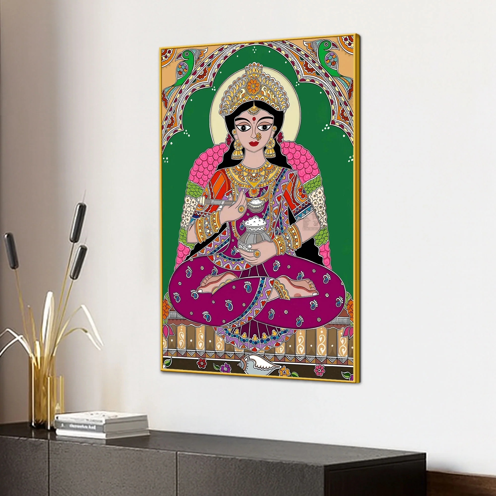 Madhubani Lakshmi Maa Canvas Painting Traditional Hindu Wall Decor - Image 3