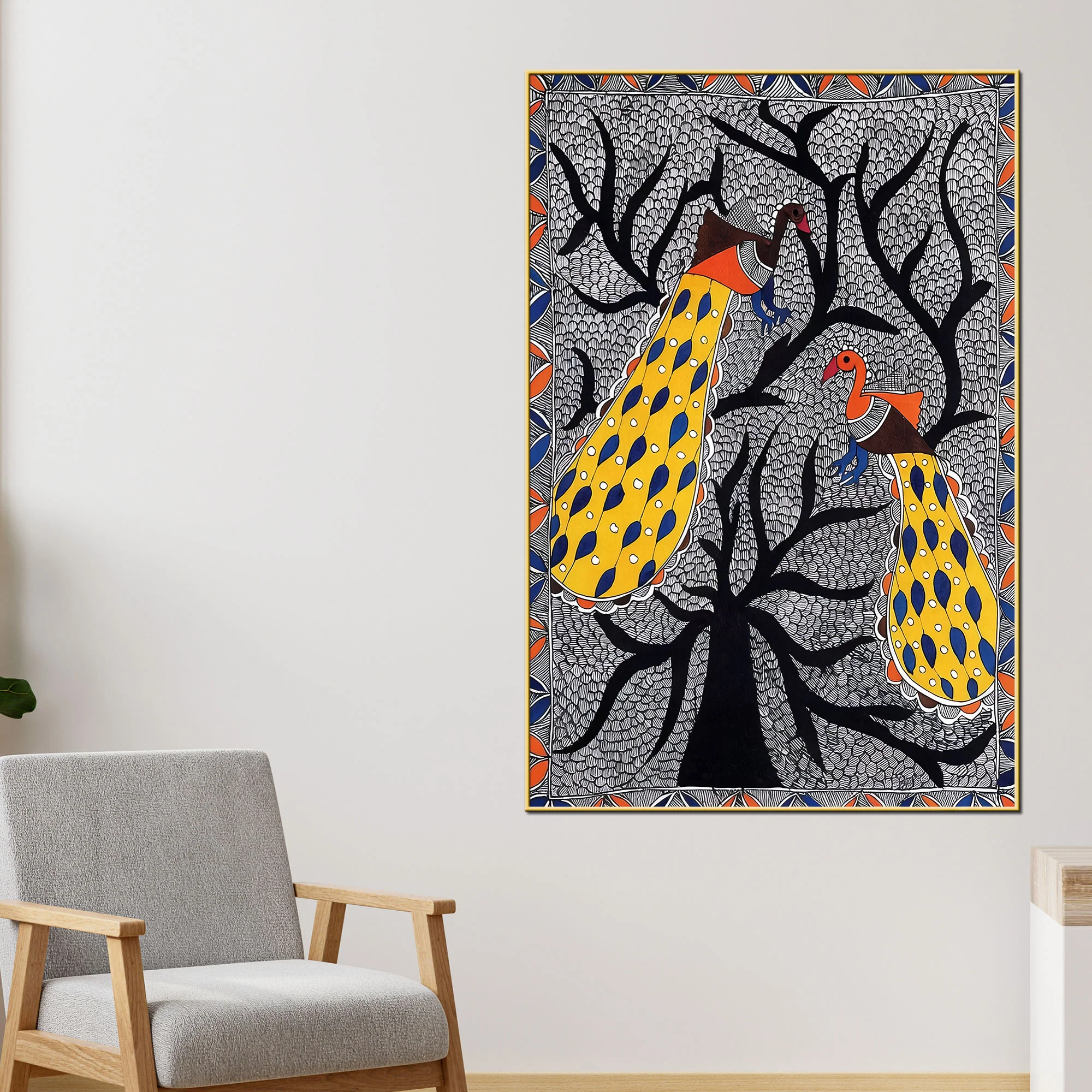 Madhubani Peacock Pair Canvas Wall Painting for Decoration