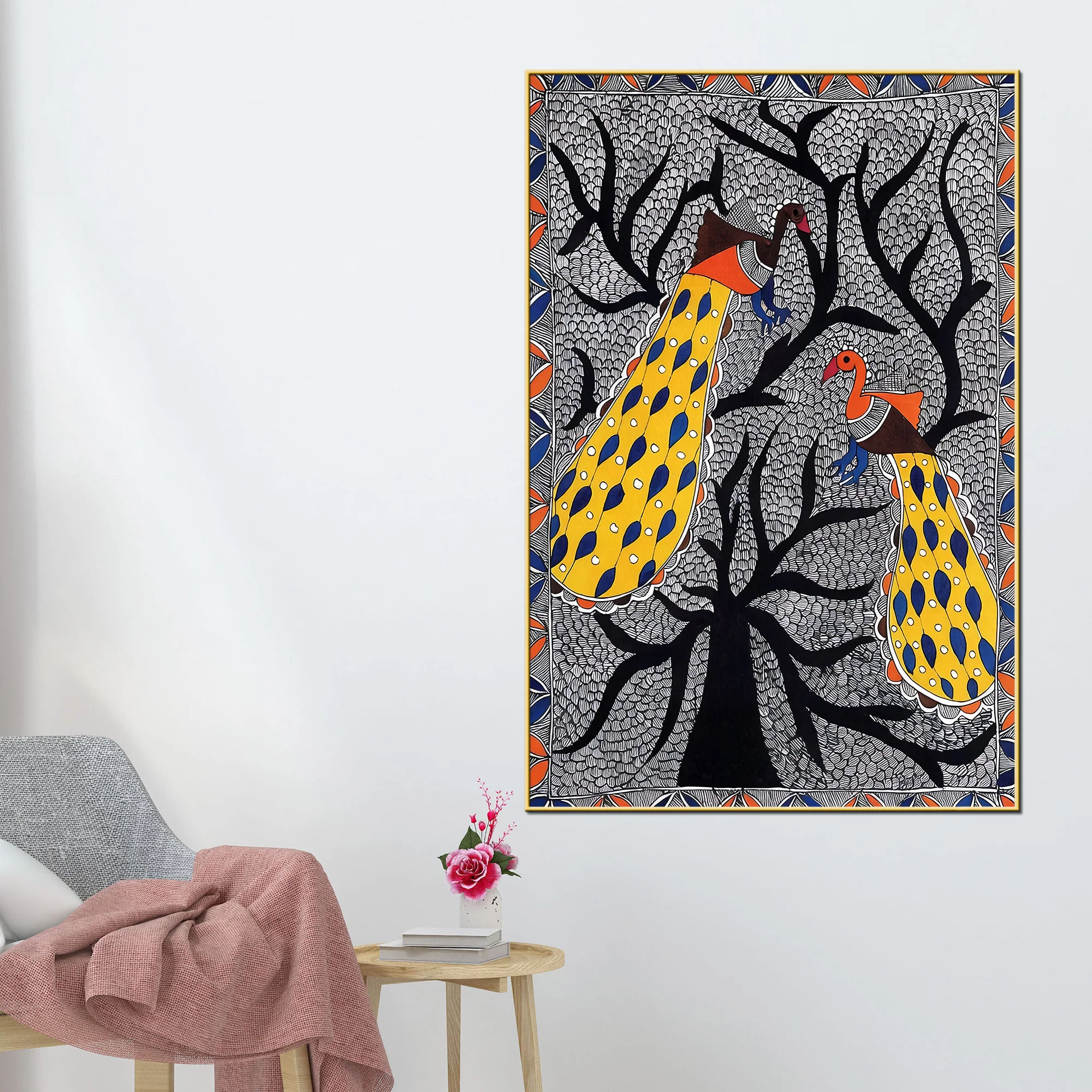 Madhubani Peacock Pair Canvas Wall Painting for Decoration - Image 2
