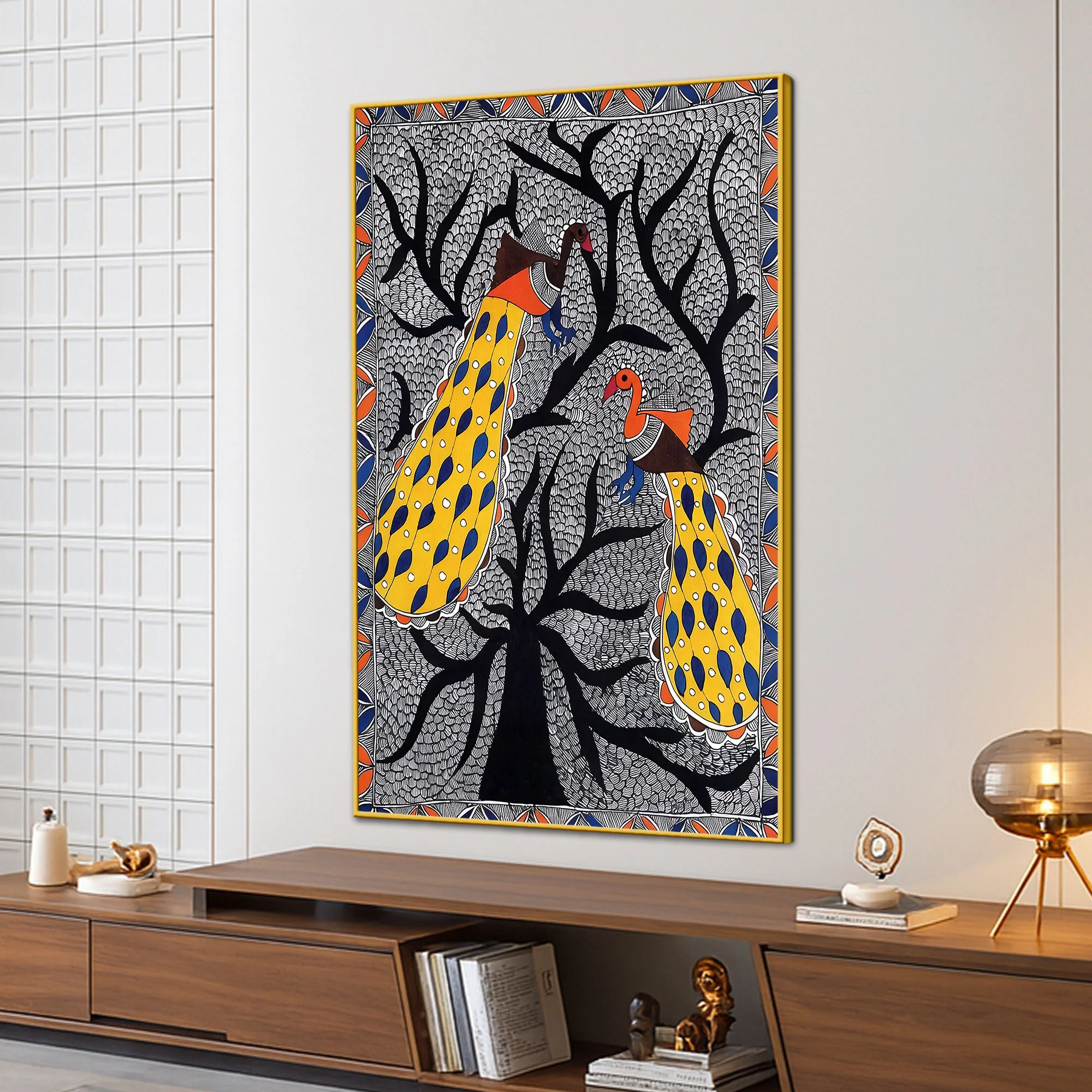 Madhubani Peacock Pair Canvas Wall Painting for Decoration - Image 3