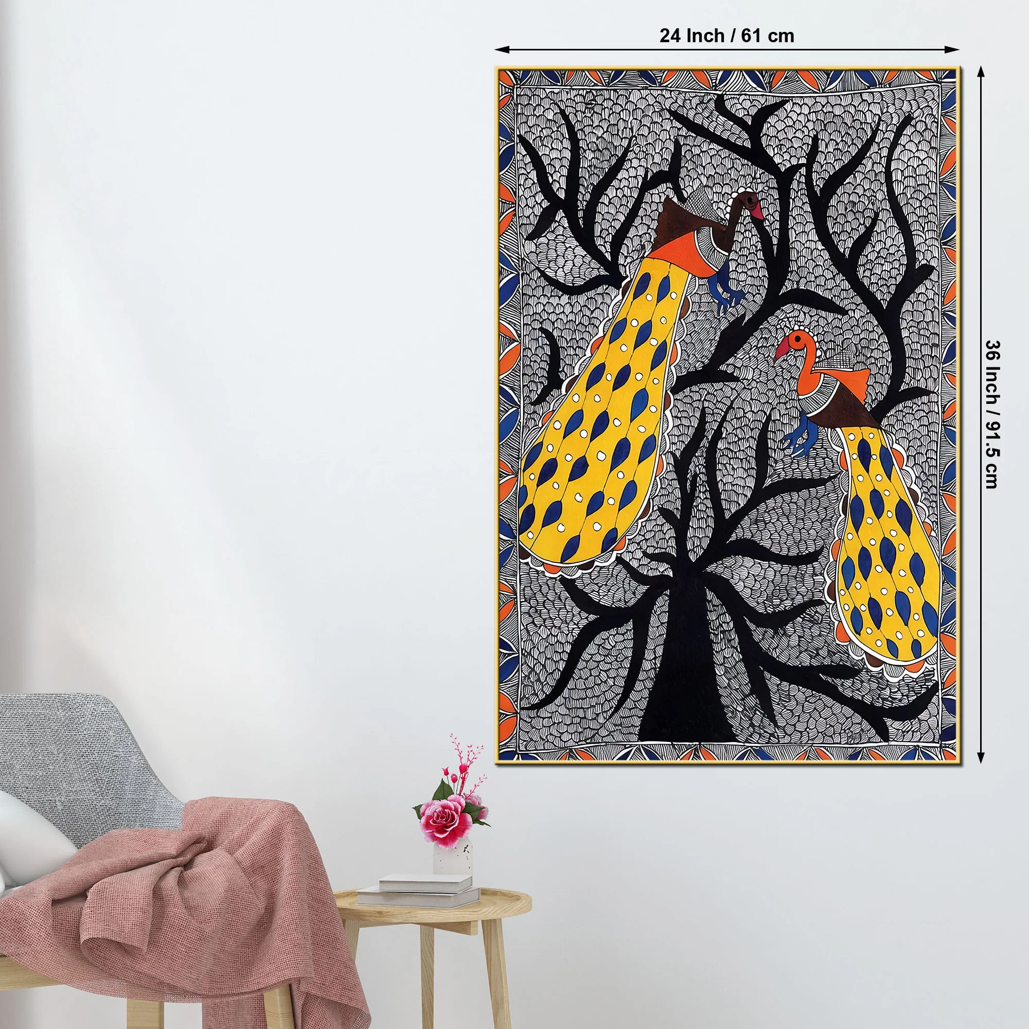 Madhubani Peacock Pair Canvas Wall Painting for Decoration - Image 5
