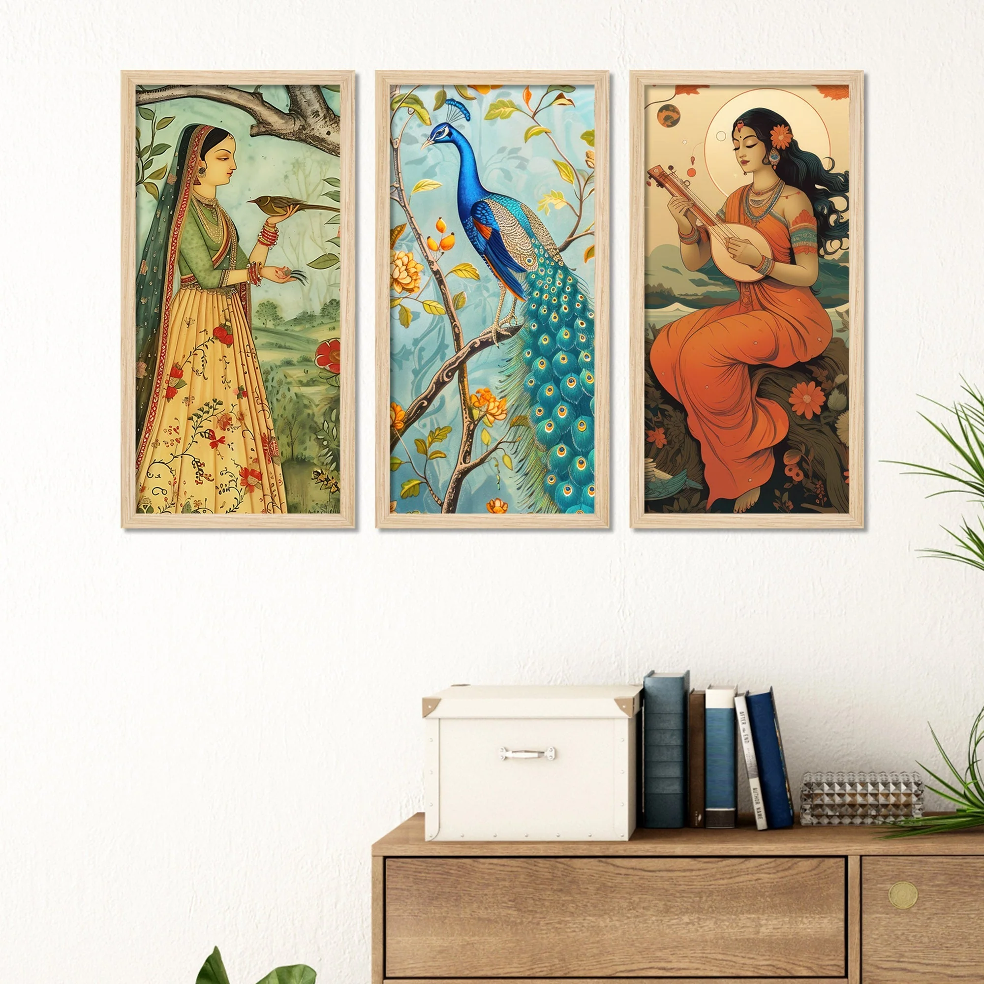 Madhubani Pichwai Art Wooden Wall Frame Set of Three - Image 3