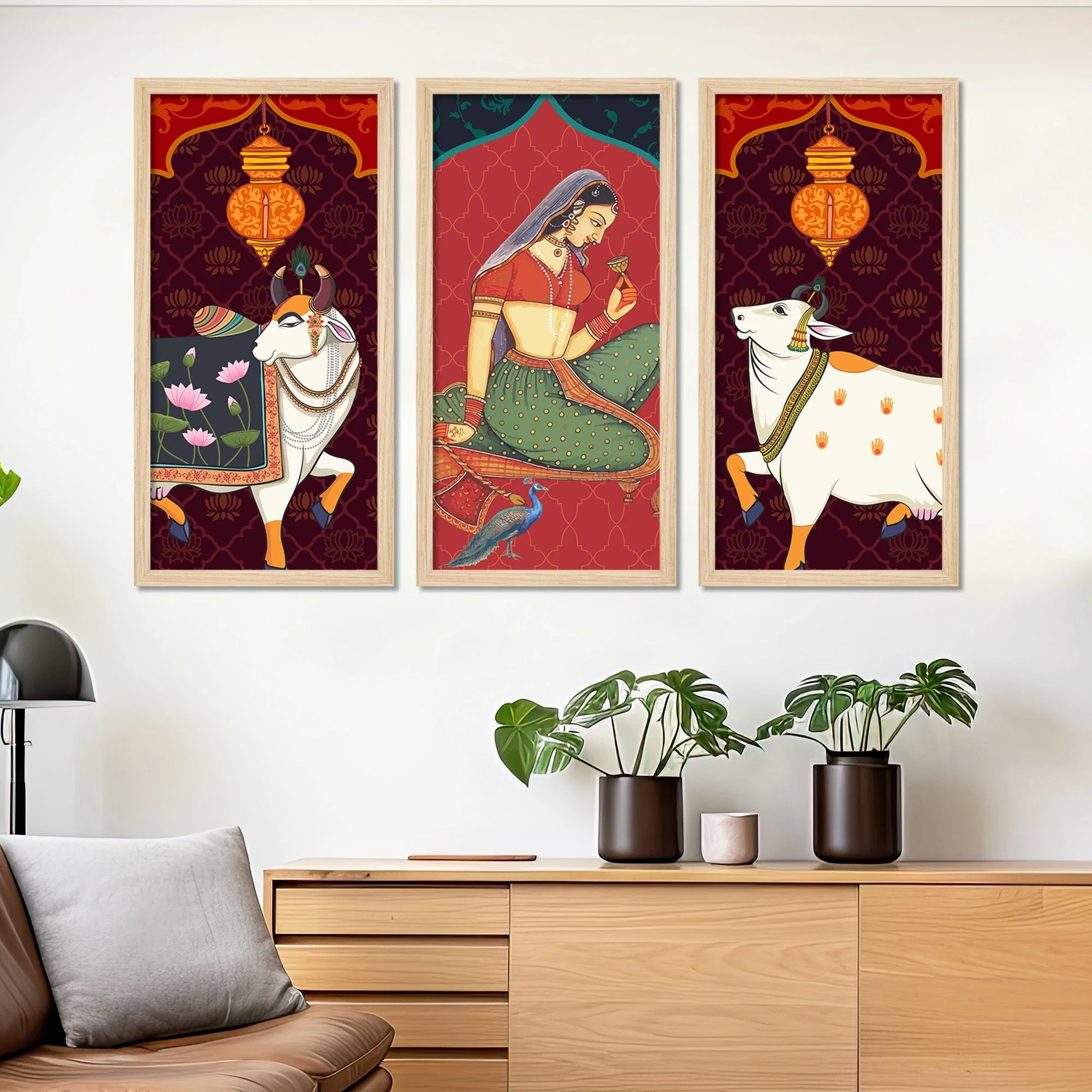 Madhubani Pichwai Cow Art Wooden Wall Frame Set of Three - Image 3