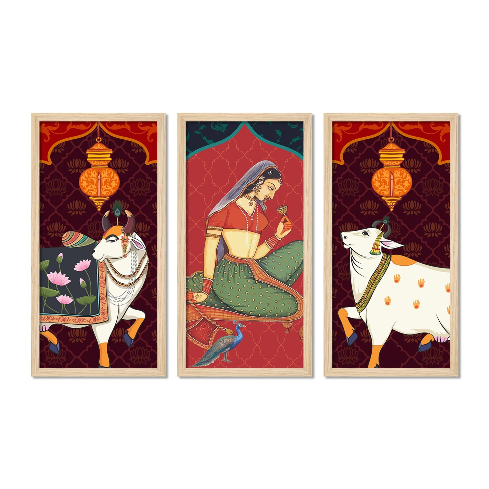 Madhubani Pichwai Cow Art Wooden Wall Frame Set of Three - Image 4