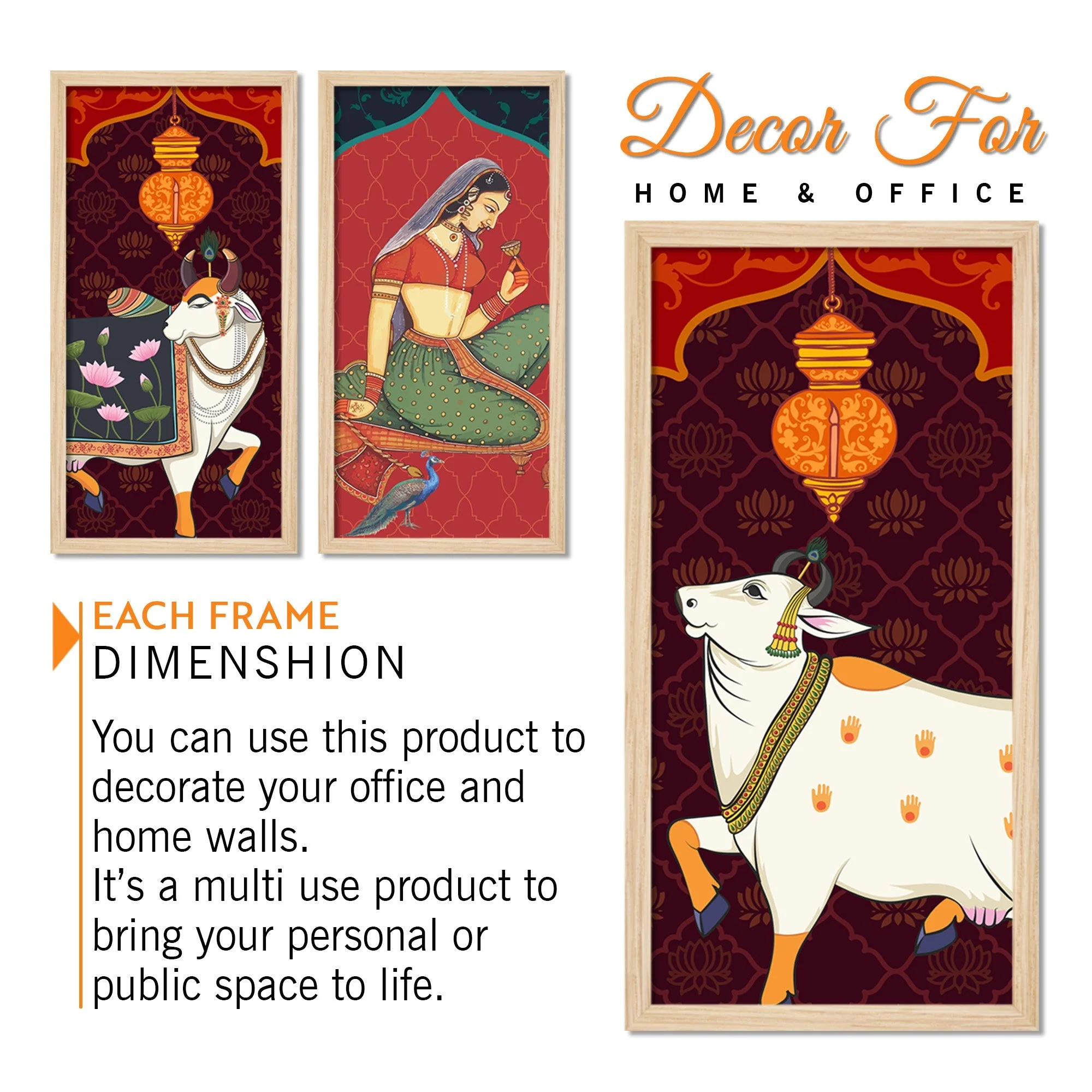 Madhubani Pichwai Cow Art Wooden Wall Frame Set of Three - Image 5