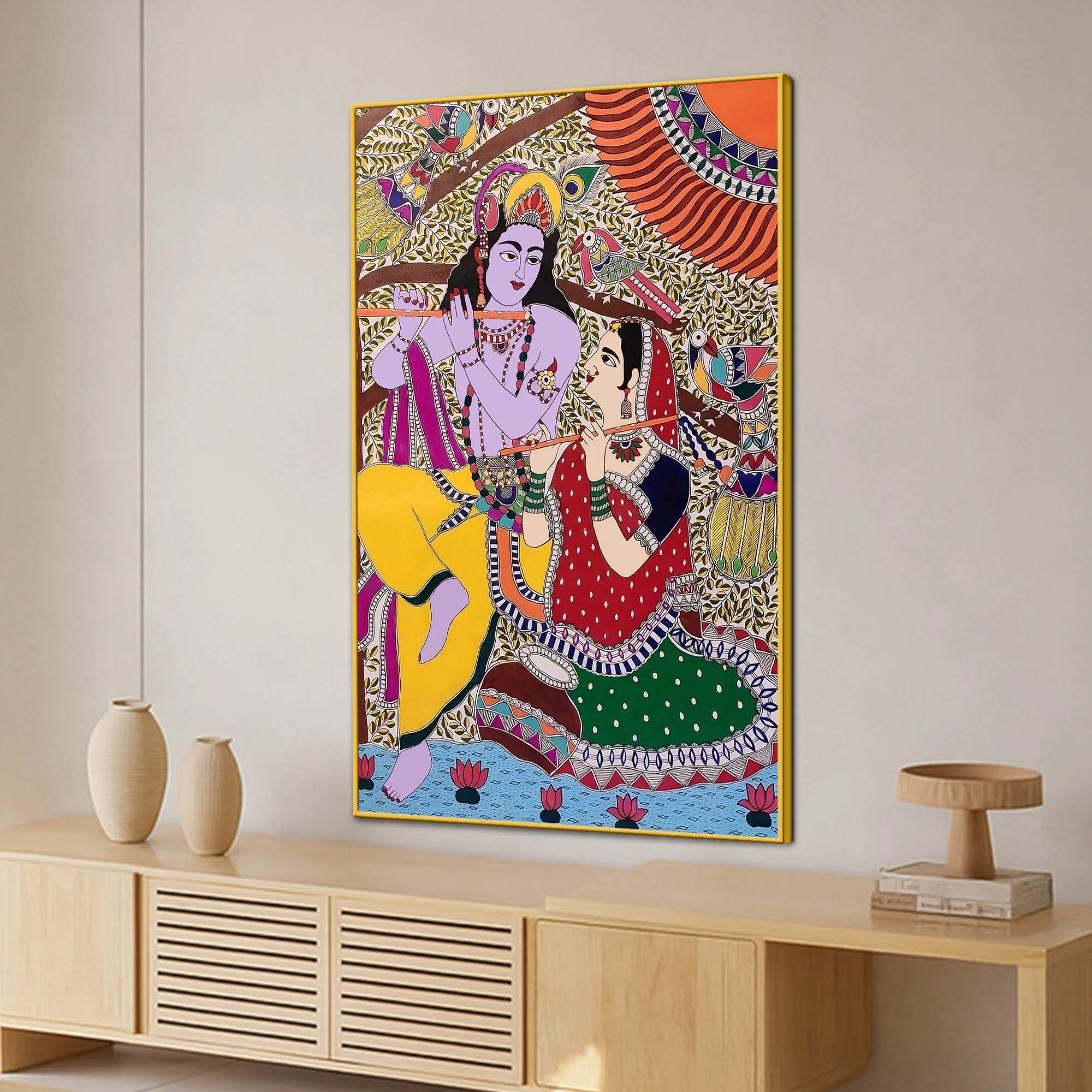 Madhubani Radha Krishna Traditional Canvas Painting for Spiritual Decor - Image 3