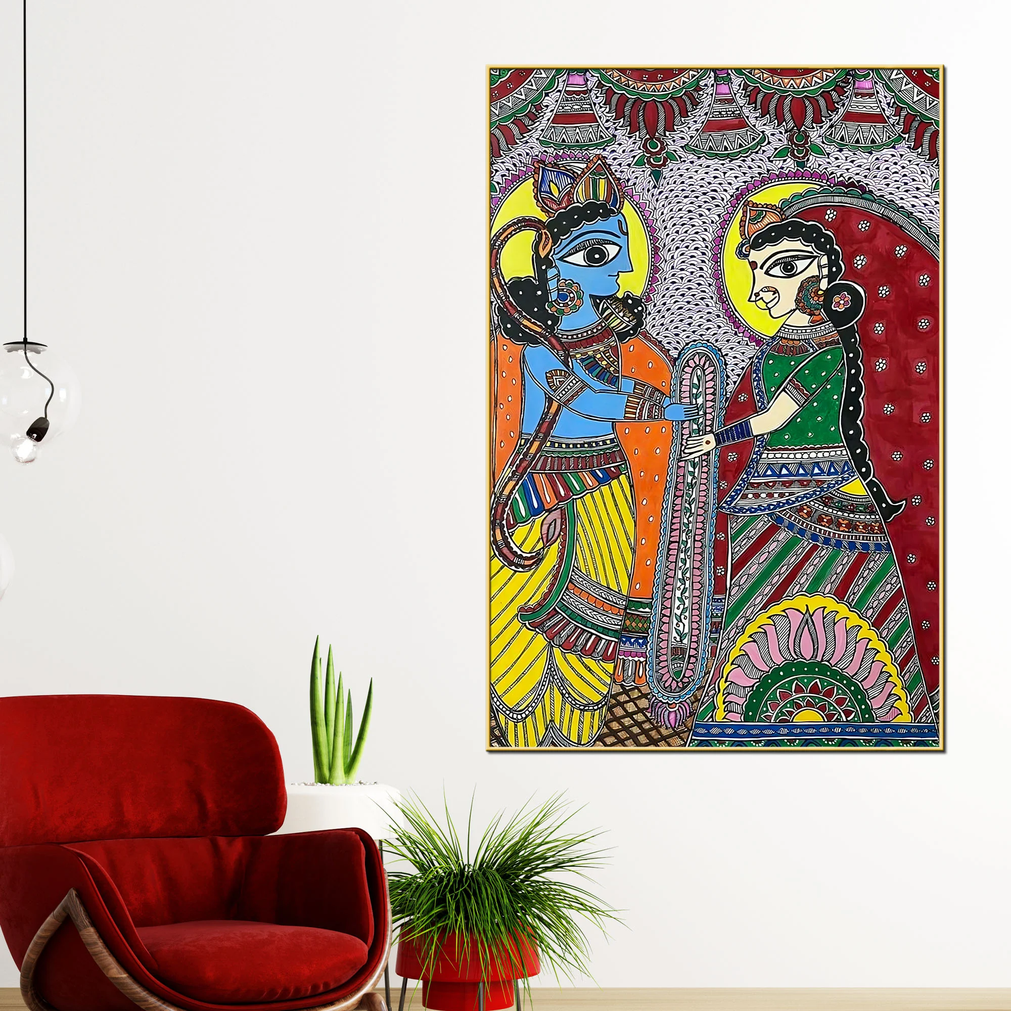 Madhubani Radha Krishna Wedding Ritual Canvas Painting - Image 2