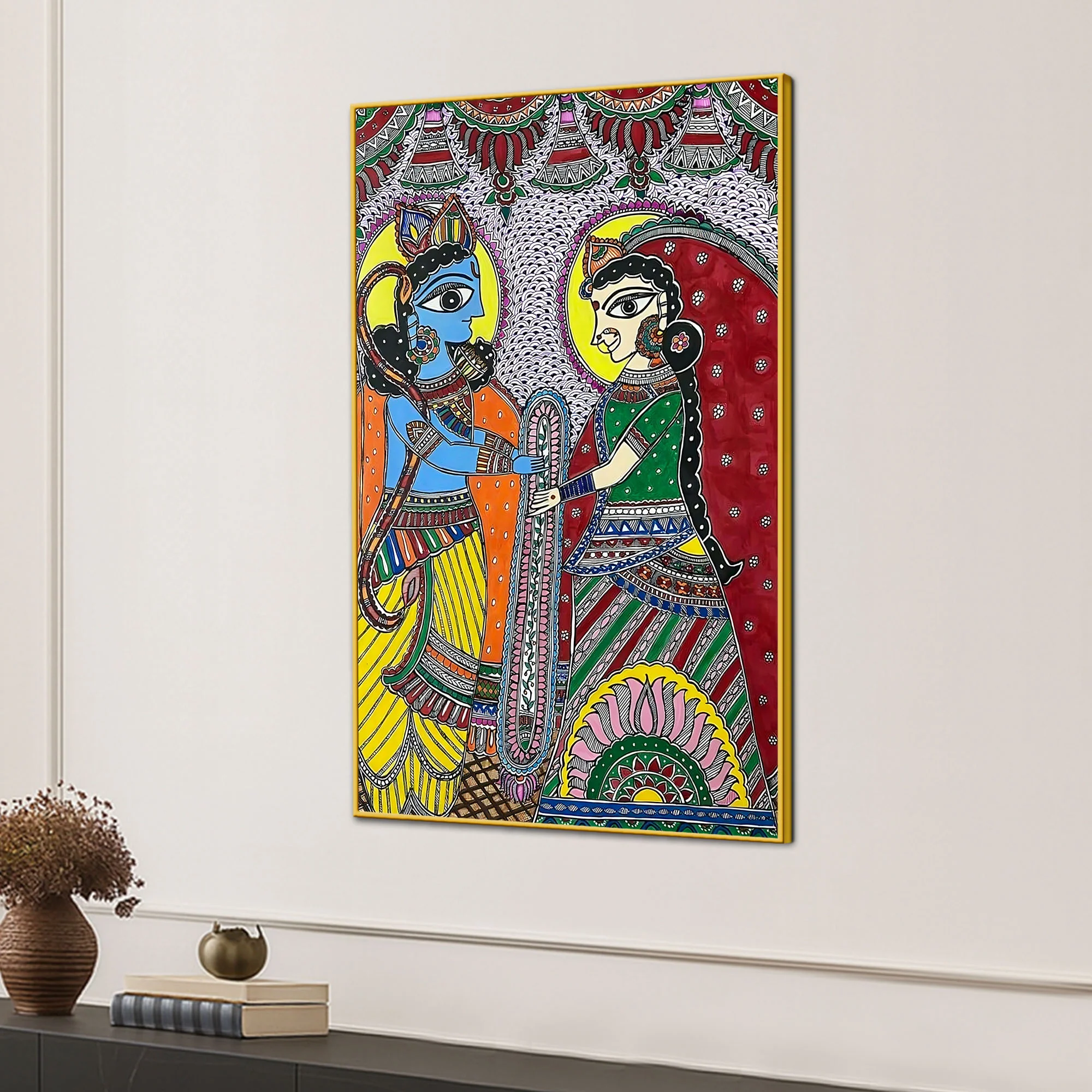 Madhubani Radha Krishna Wedding Ritual Canvas Painting - Image 3