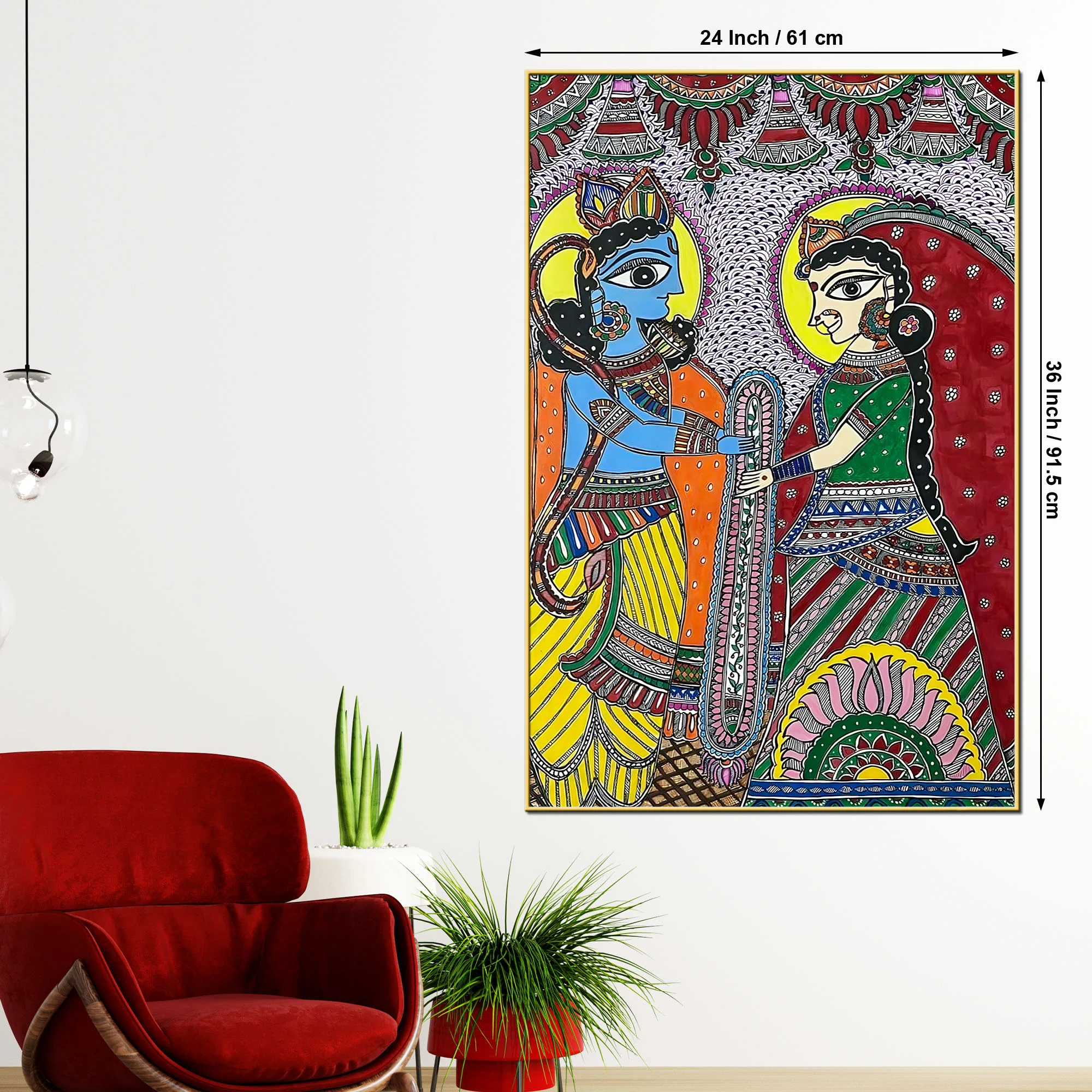 Madhubani Radha Krishna Wedding Ritual Canvas Painting - Image 5