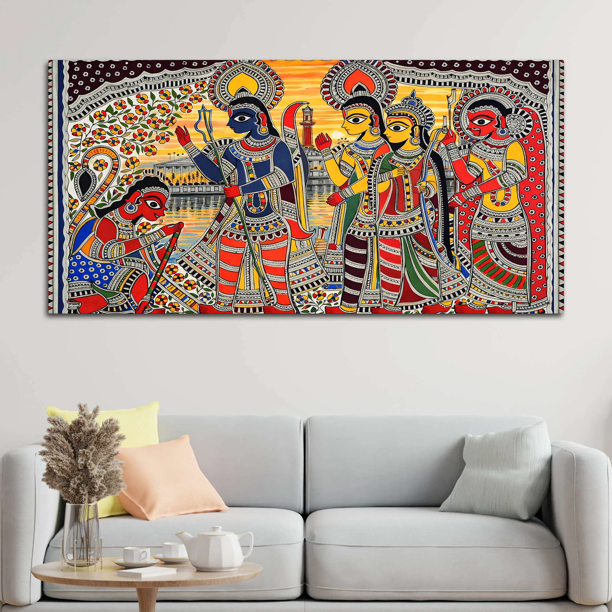 Madhubani Ramayana Scene Canvas Wall Cultural Decor Painting - Image 3