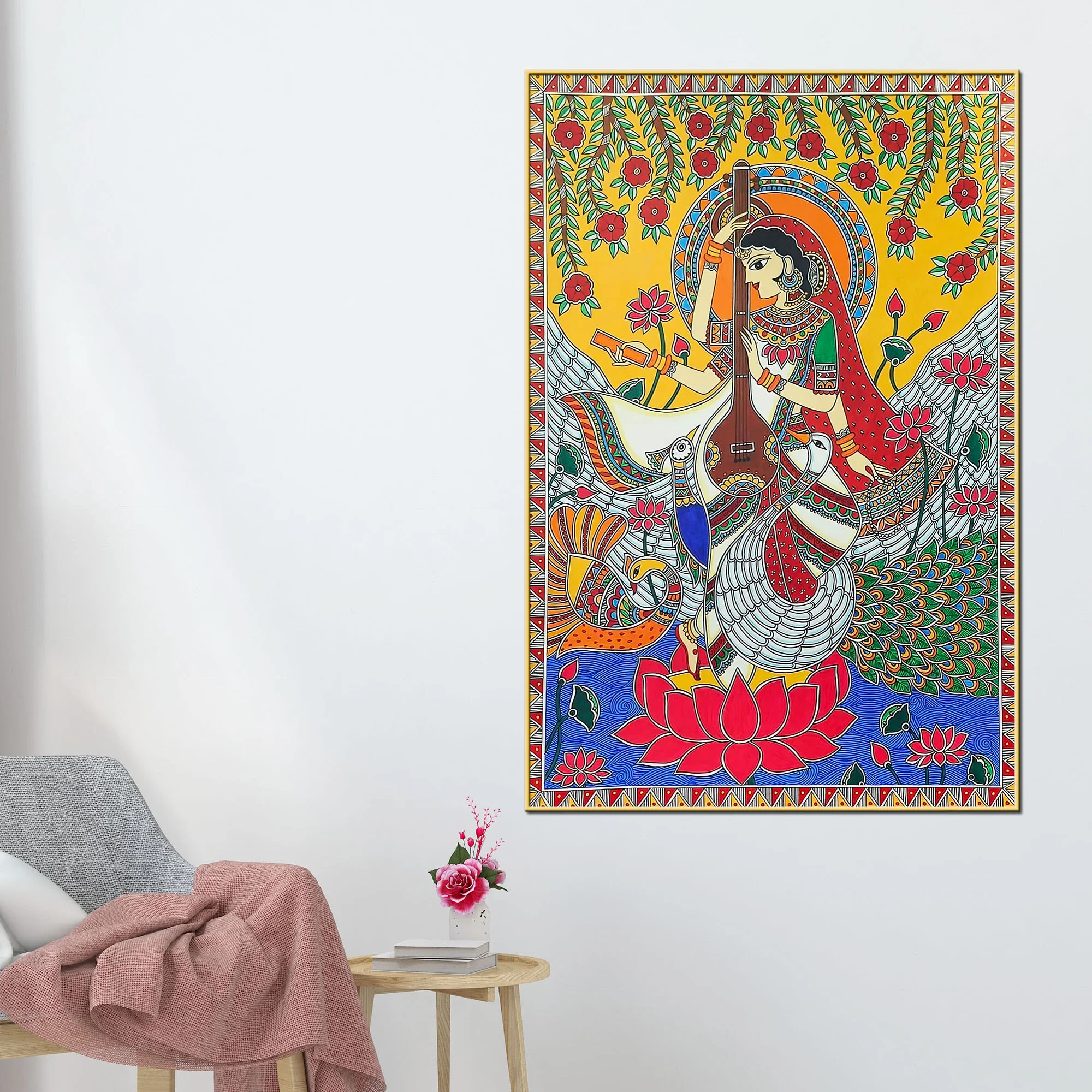 Madhubani Saraswati Mata Religious Canvas Painting - Image 2