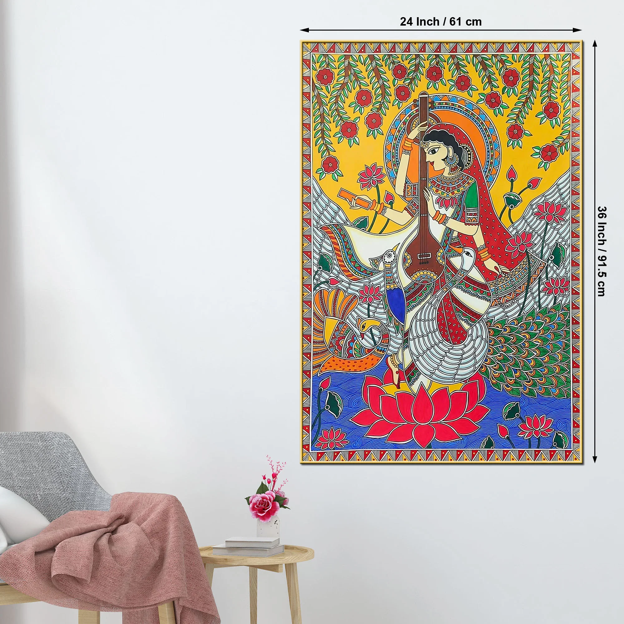 Madhubani Saraswati Mata Religious Canvas Painting - Image 5