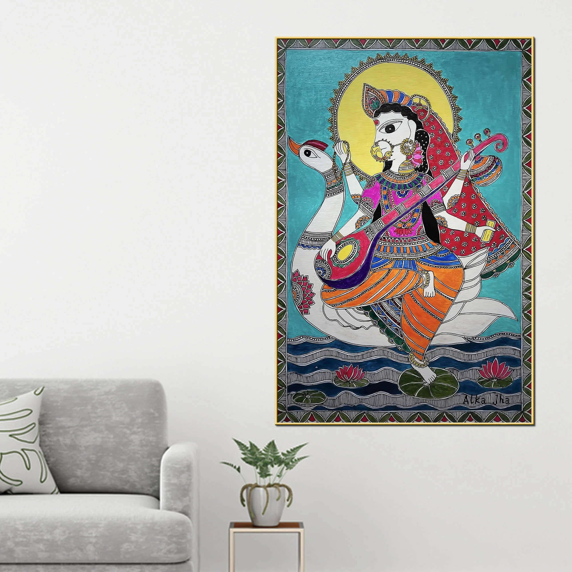 Madhubani Style Maa Saraswati Canvas Painting - Image 2