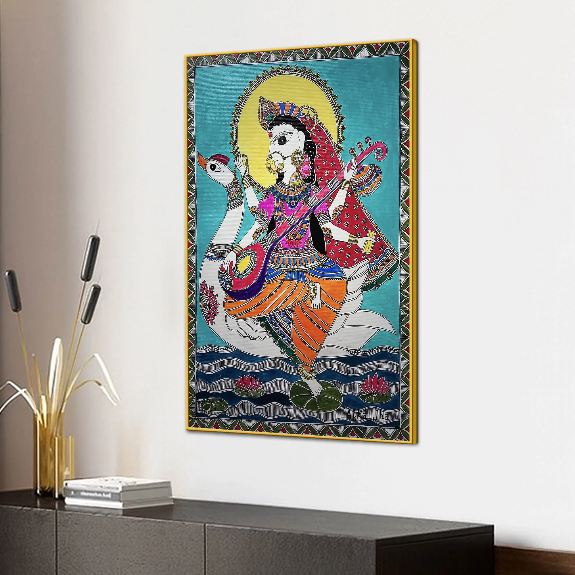 Madhubani Style Maa Saraswati Canvas Painting - Image 3