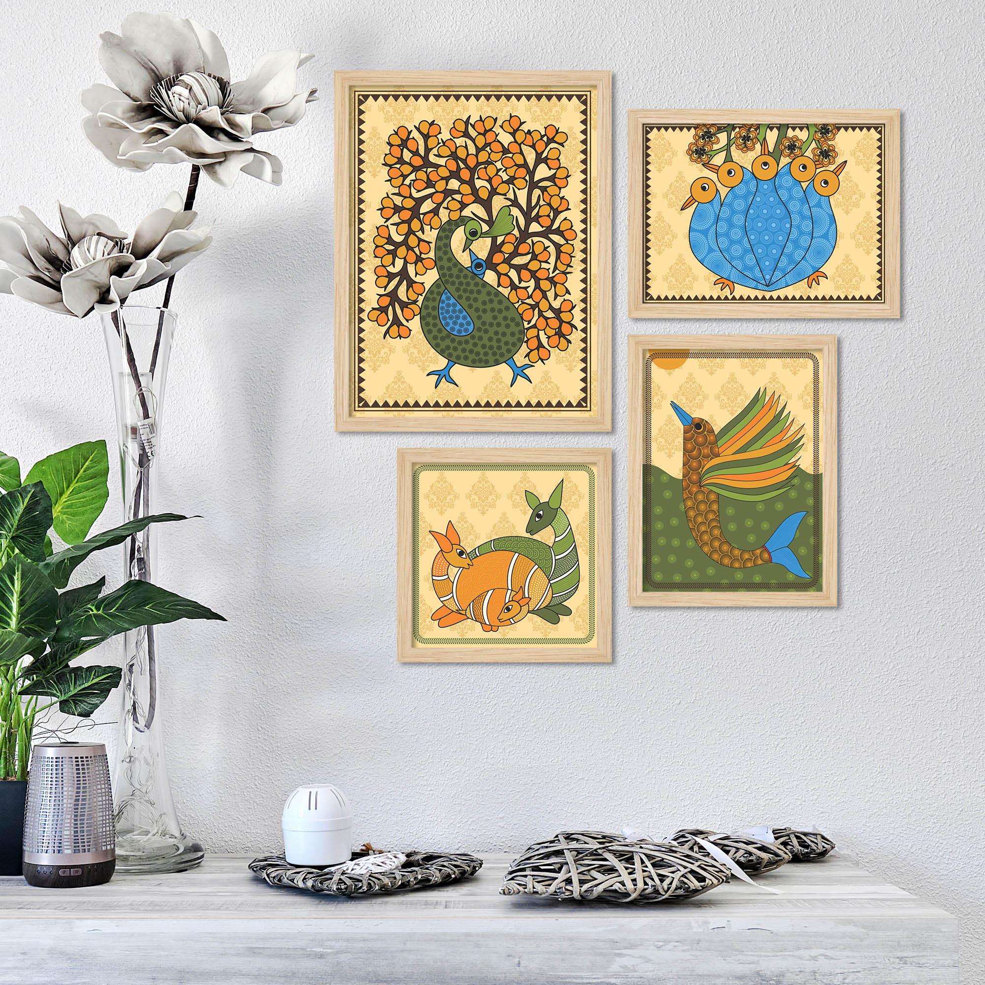 Madhubani Traditional Peacock Wall Frame Set of Four - Image 2