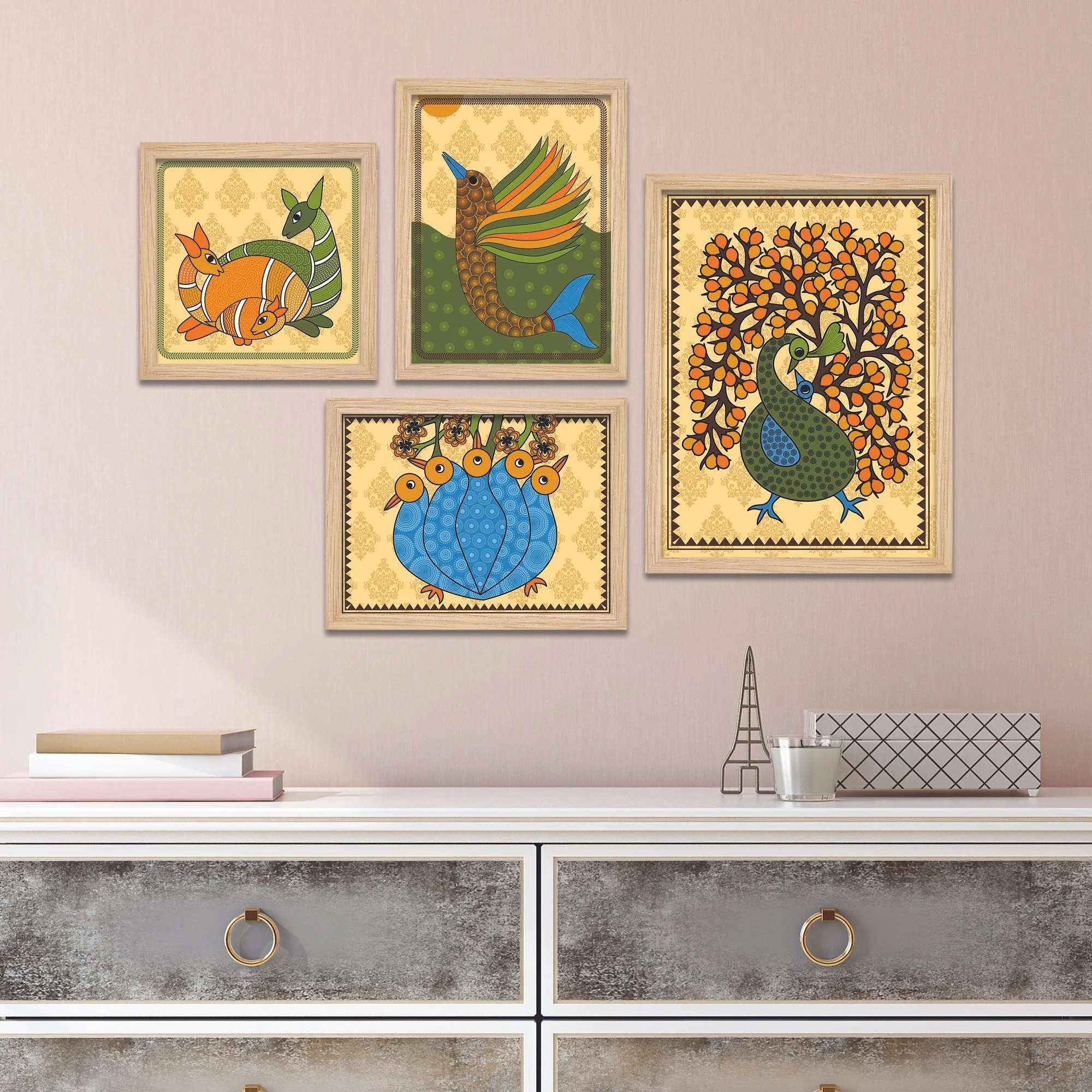 Madhubani Traditional Peacock Wall Frame Set of Four - Image 3