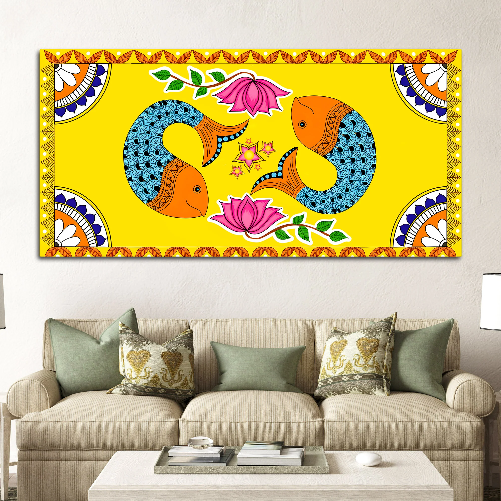 Madhubani Twin Fish Canvas Painting | Traditional Indian Decor - Image 3