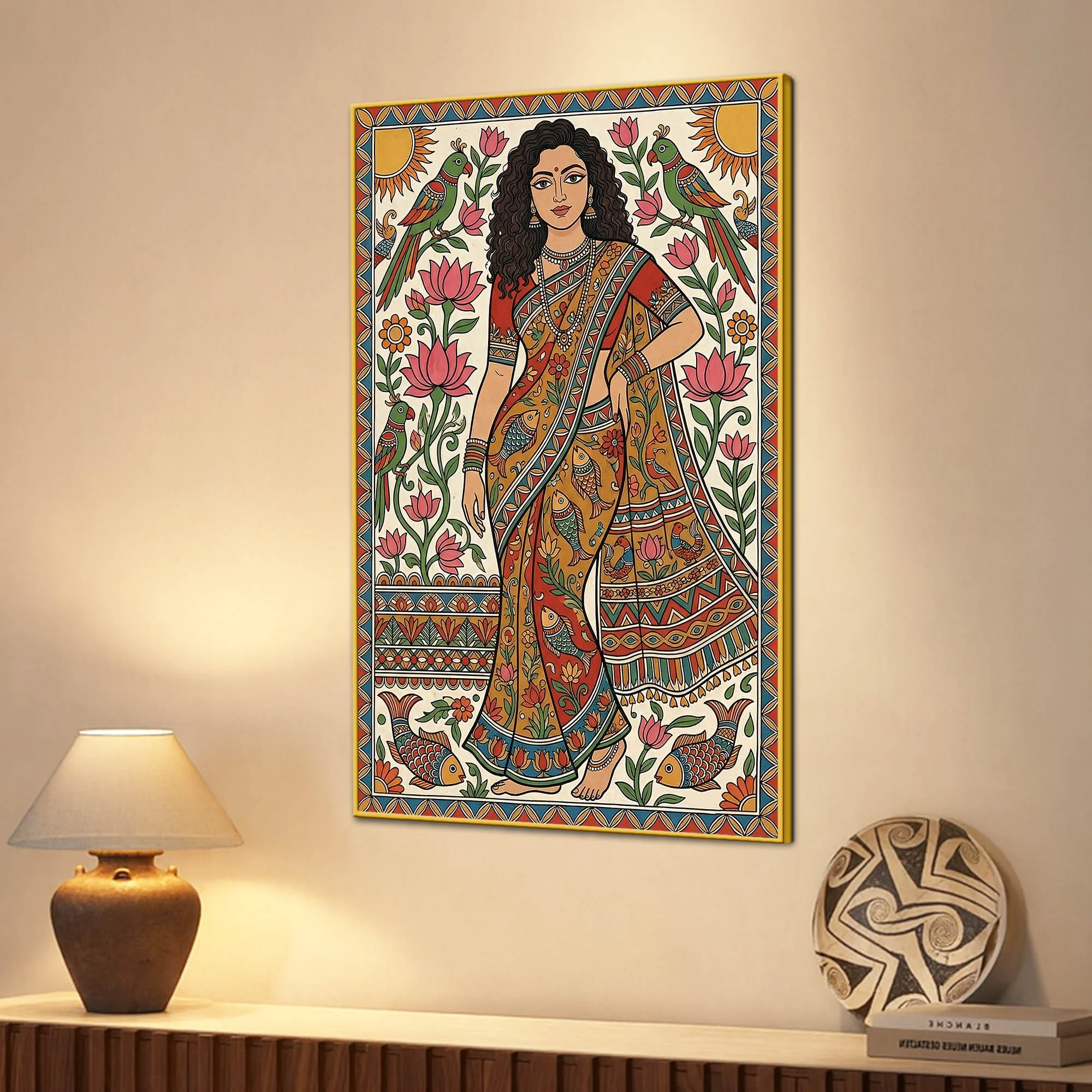 Madhubani Woman Canvas Painting for Traditional Indian Home Décor - Image 3