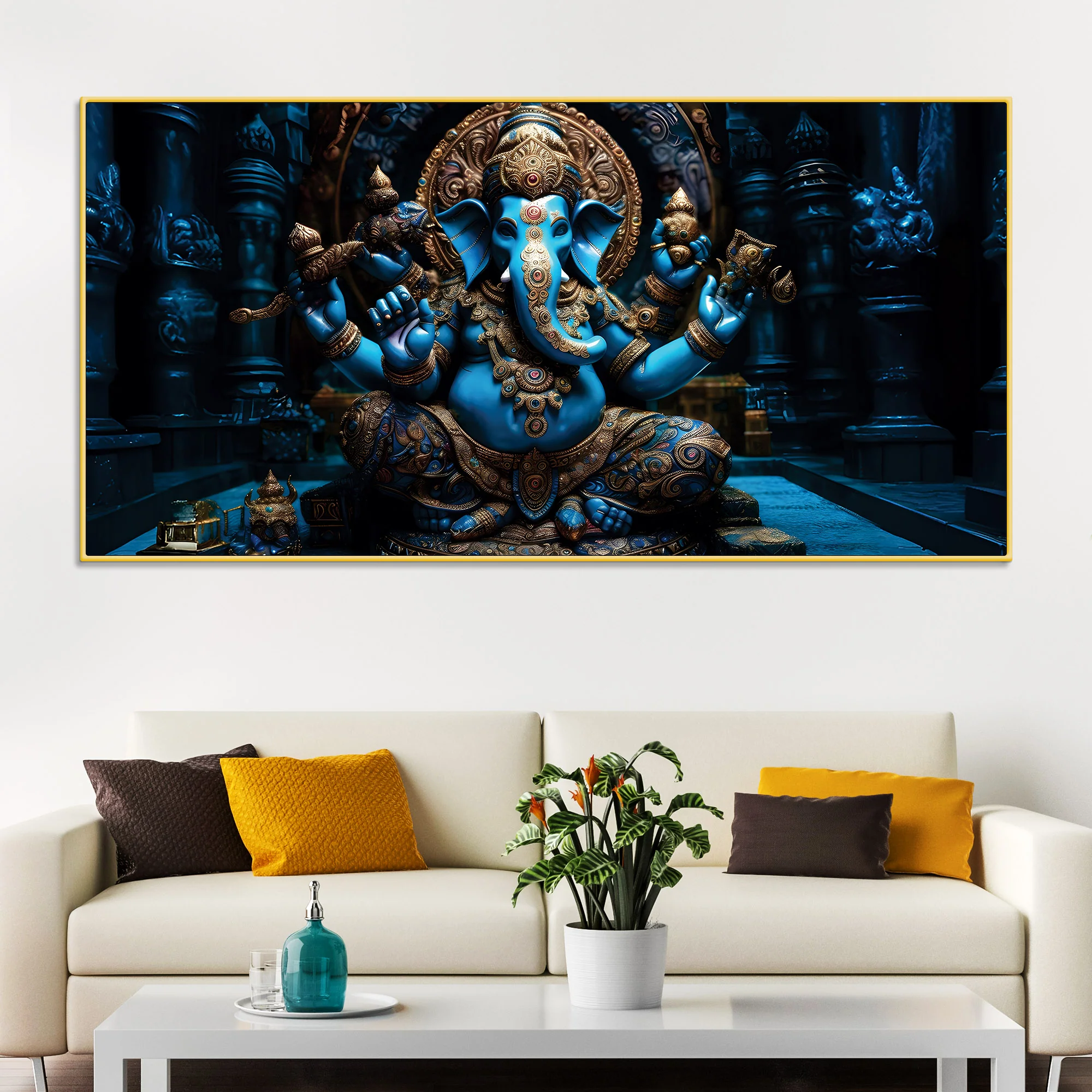 Maha Ganesh in Sacred Blue Premium Canvas Wall Painting for Living Room & Pooja Space – Modern Religious Wall Decor - Image 3