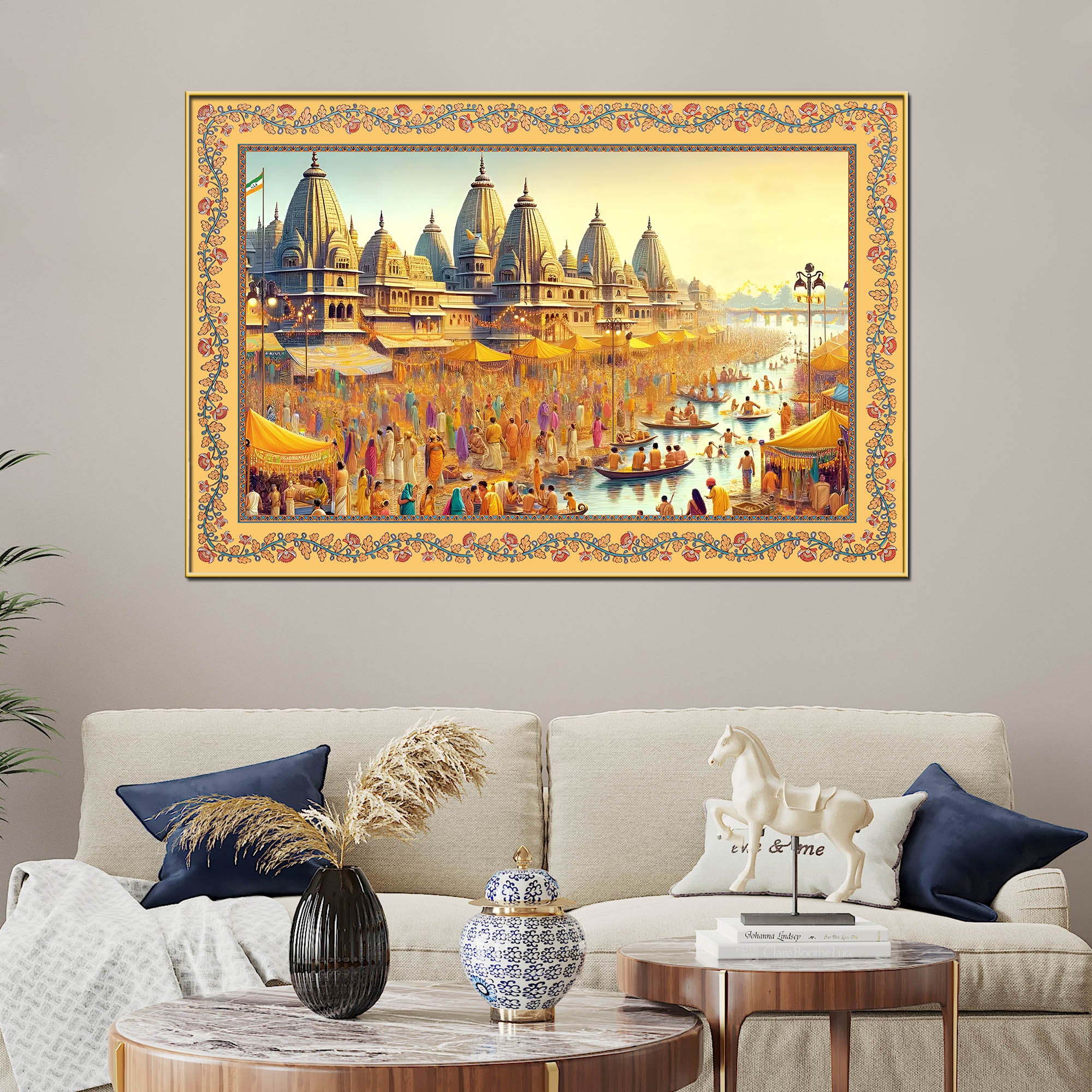 Maha Kumbh Mela on Ganga Ghat Border Canvas Wall Painting - Image 2