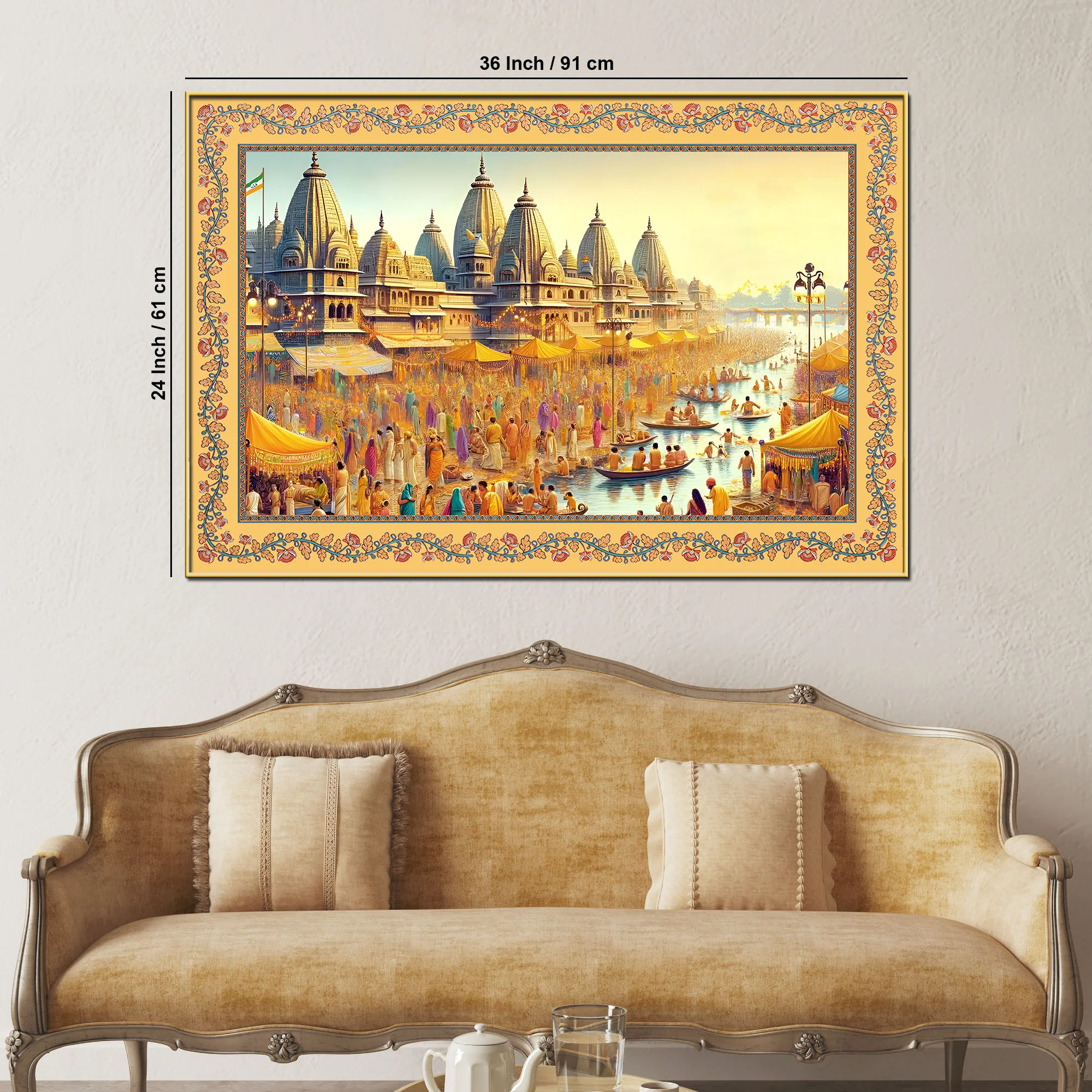 Maha Kumbh Mela on Ganga Ghat Border Canvas Wall Painting - Image 5
