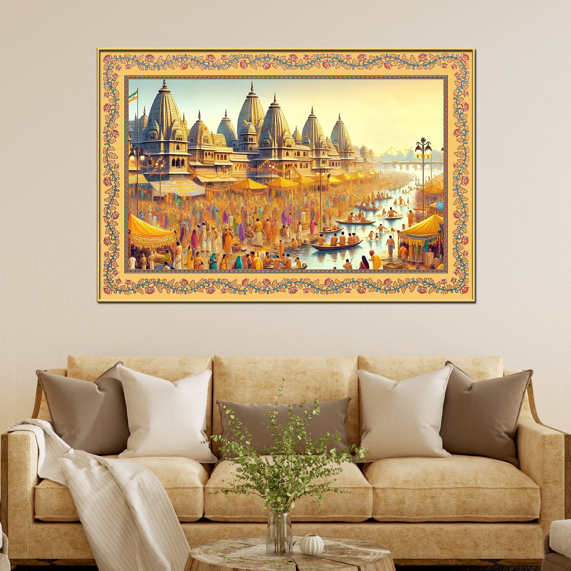 Maha Kumbh Mela on Ganga Ghat Border Canvas Wall Painting - Image 6