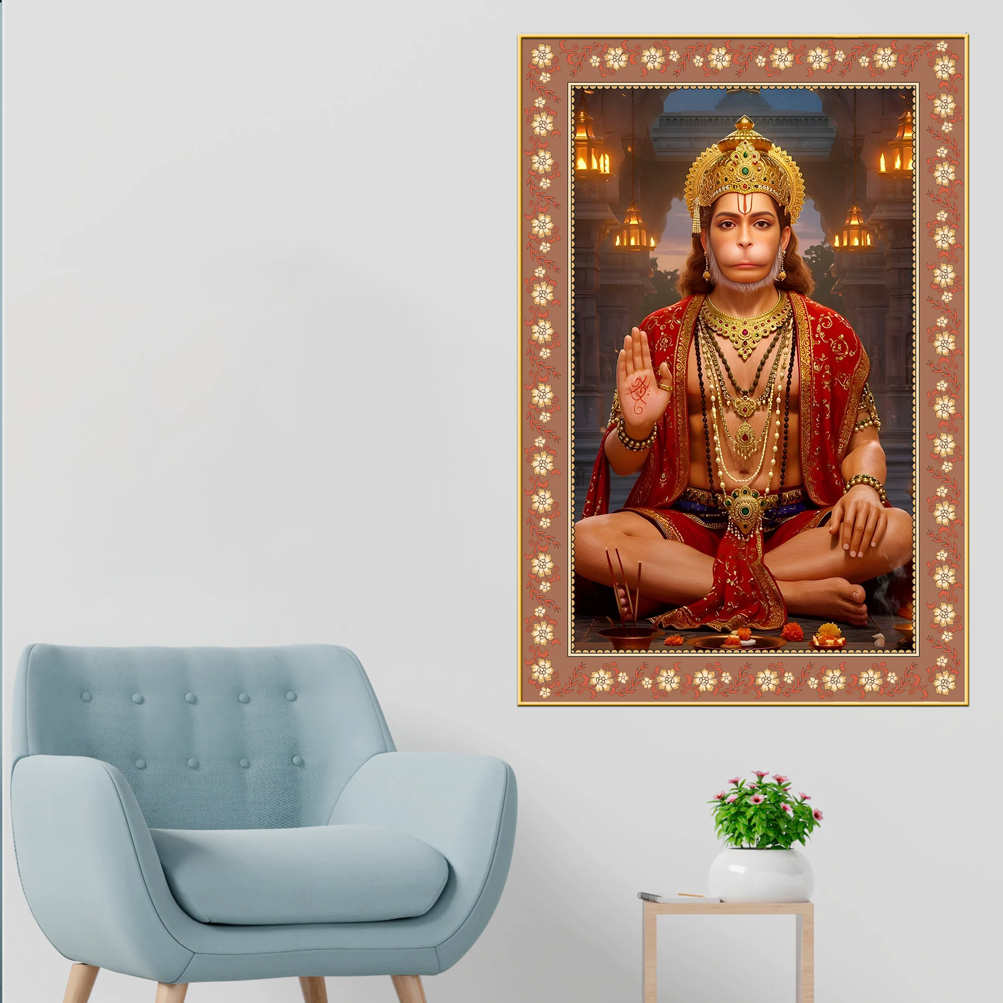 Mahavira Hanuman Floral Border Vertical Wall Painting - Image 2