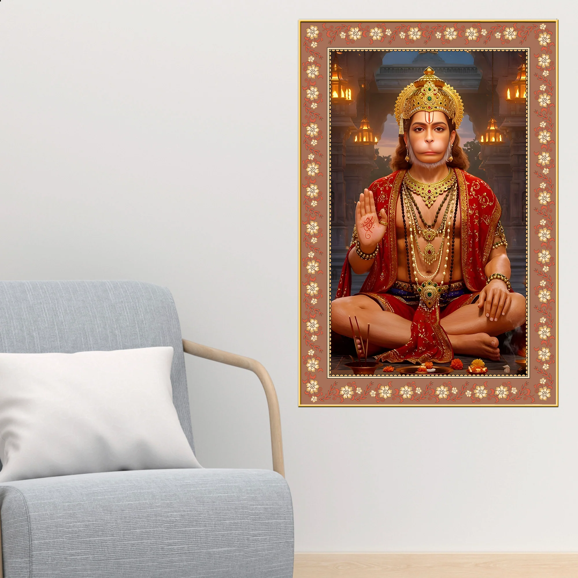 Mahavira Hanuman Floral Border Vertical Wall Painting - Image 3