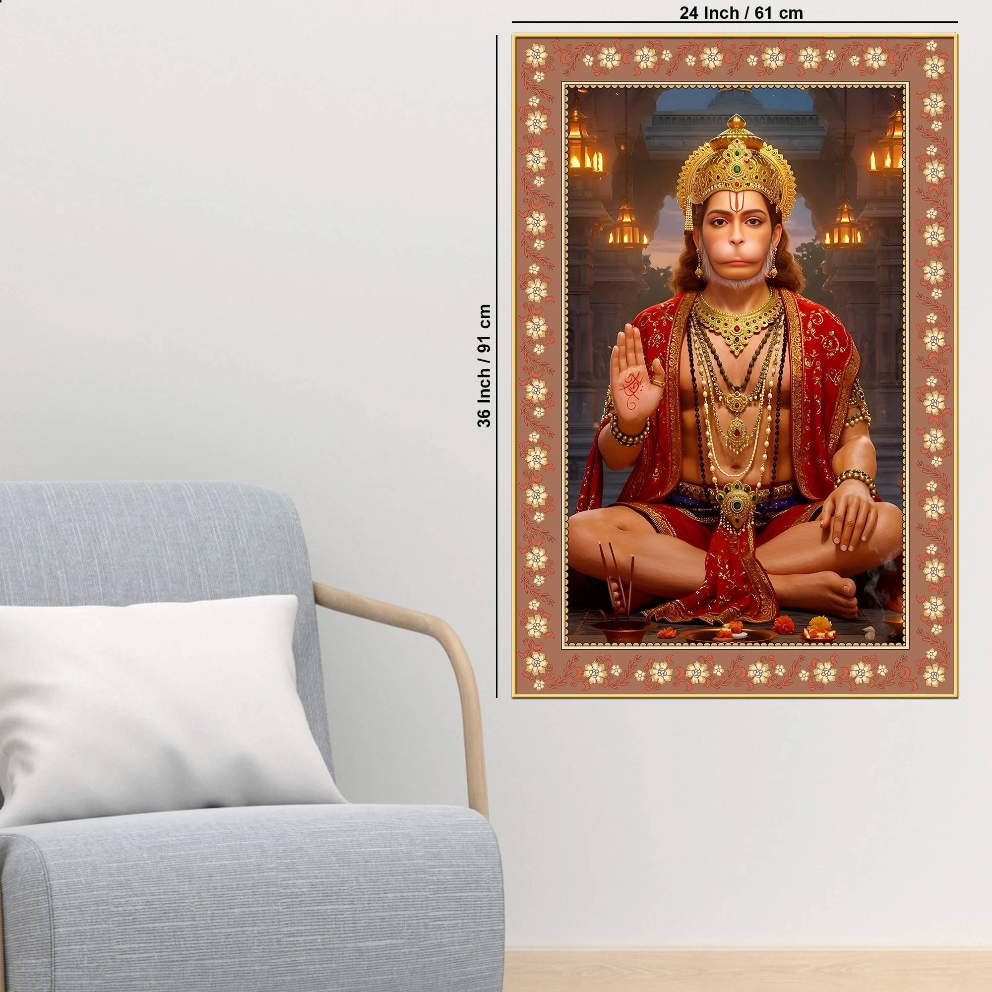 Mahavira Hanuman Floral Border Vertical Wall Painting - Image 6