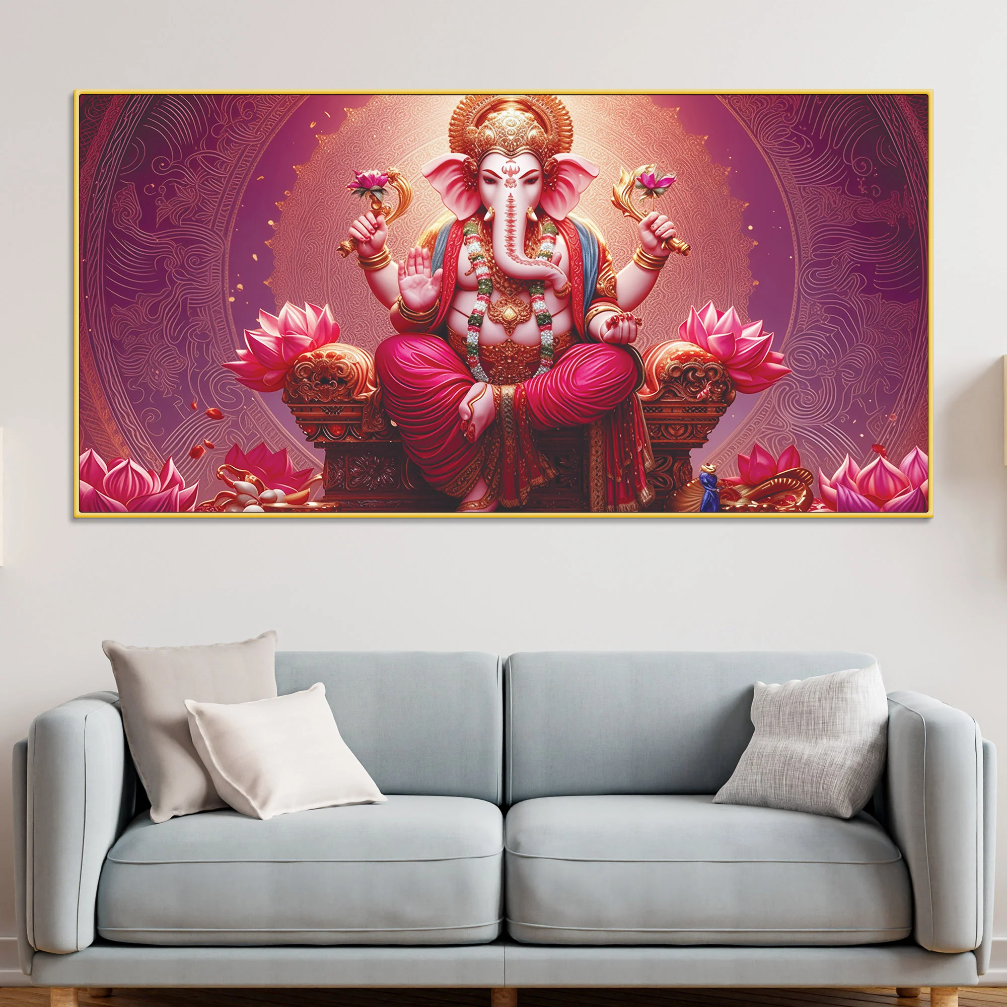 Majestic Lord Shri Ganesha Sitted on Lotus Throne Canvas Wall Painting Pink Themed – Spiritual Wall Art for Home Décor