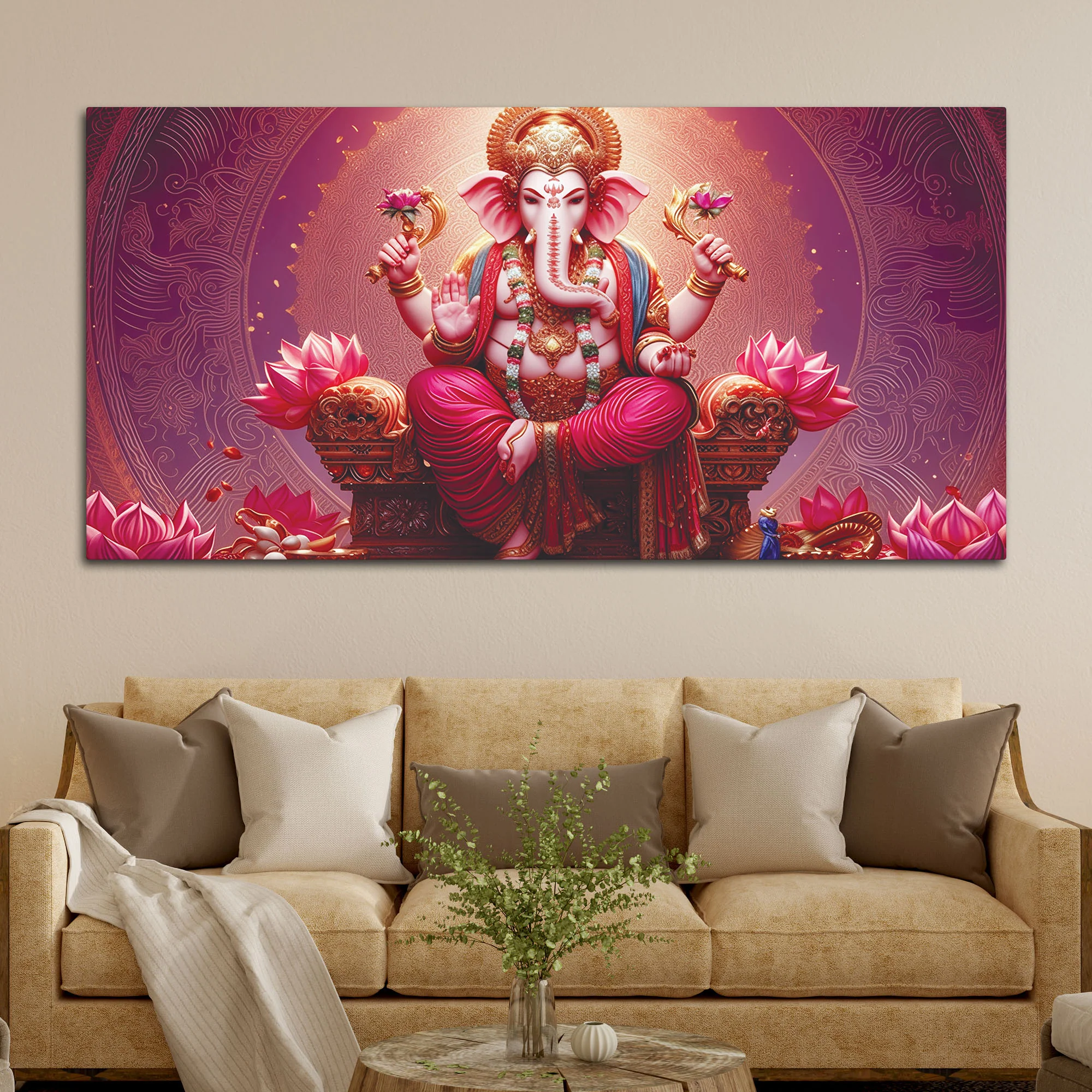 Majestic Lord Shri Ganesha Sitted on Lotus Throne Canvas Wall Painting Pink Themed – Spiritual Wall Art for Home Décor - Image 2