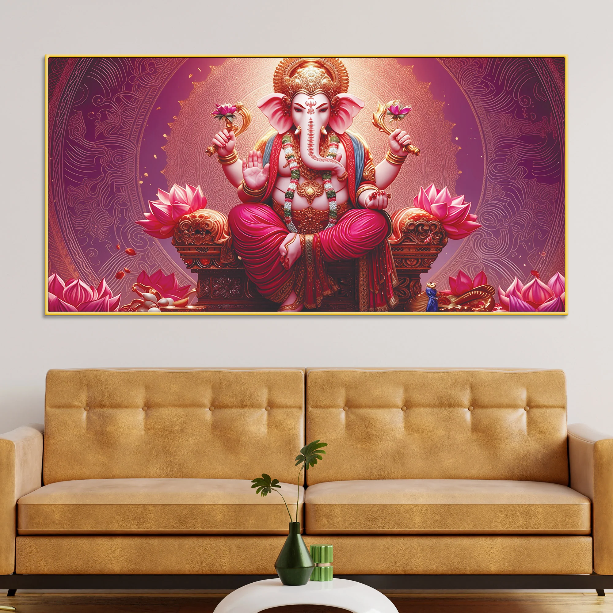 Majestic Lord Shri Ganesha Sitted on Lotus Throne Canvas Wall Painting Pink Themed – Spiritual Wall Art for Home Décor - Image 3