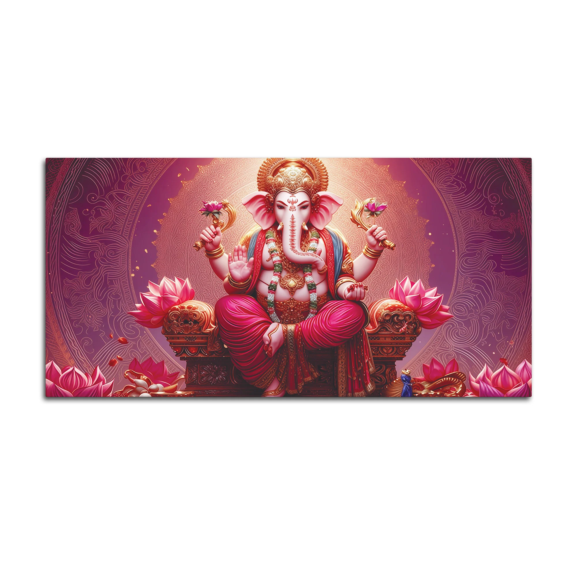 Majestic Lord Shri Ganesha Sitted on Lotus Throne Canvas Wall Painting Pink Themed – Spiritual Wall Art for Home Décor - Image 4