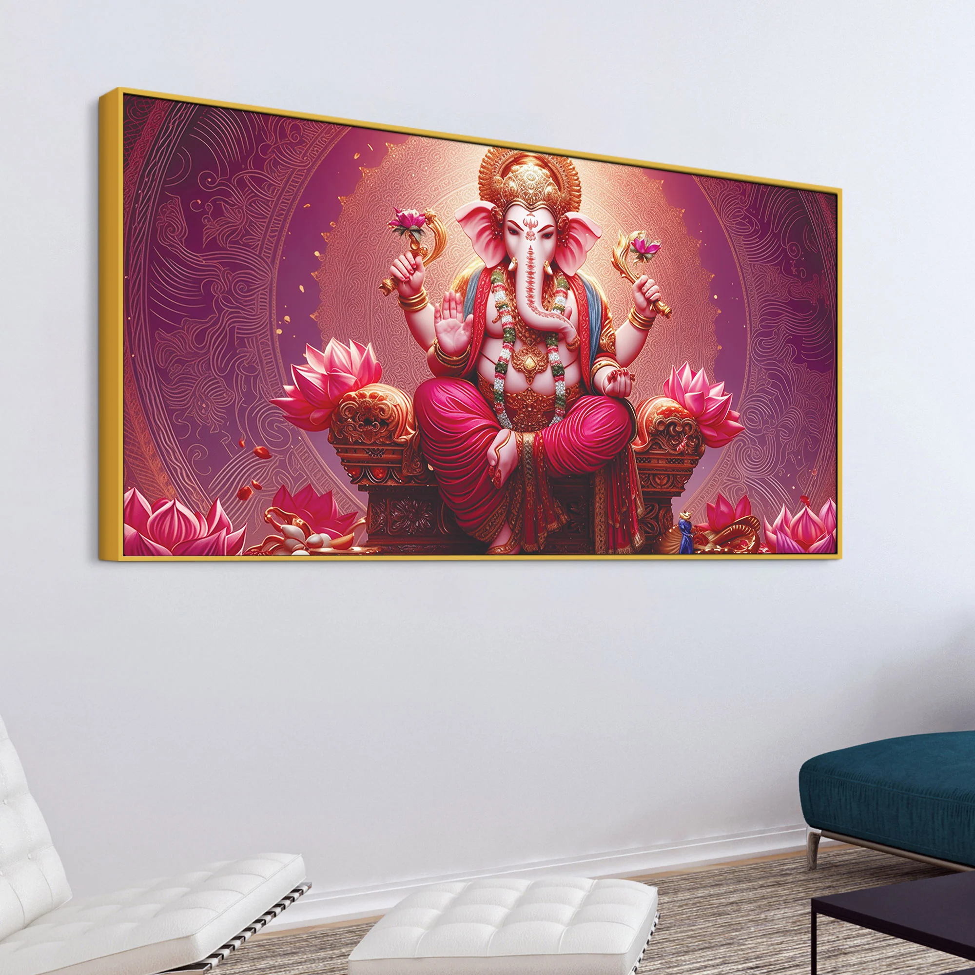 Majestic Lord Shri Ganesha Sitted on Lotus Throne Canvas Wall Painting Pink Themed – Spiritual Wall Art for Home Décor - Image 5