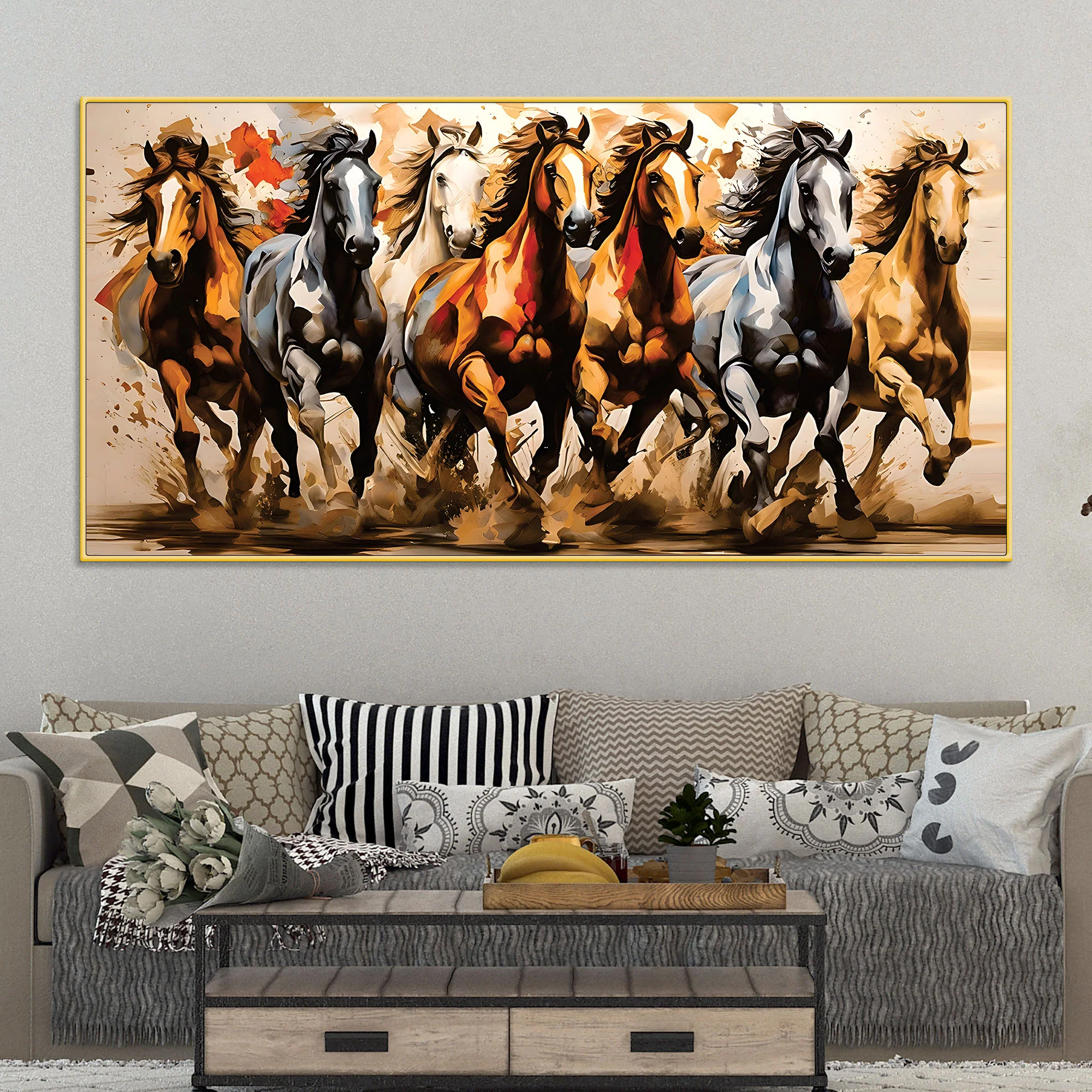 Majestic Seven Horses Water Color Art Premium Wall Painting - Image 2