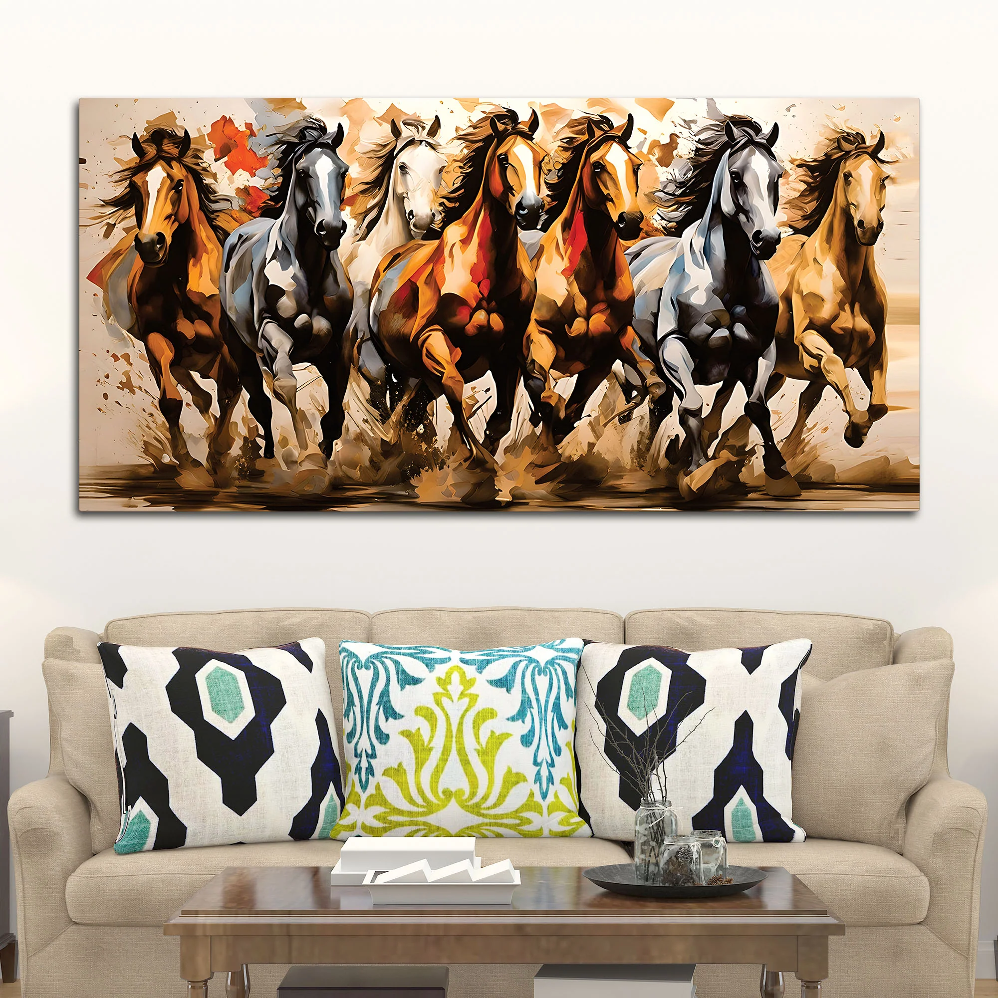 Majestic Seven Horses Water Color Art Premium Wall Painting - Image 3