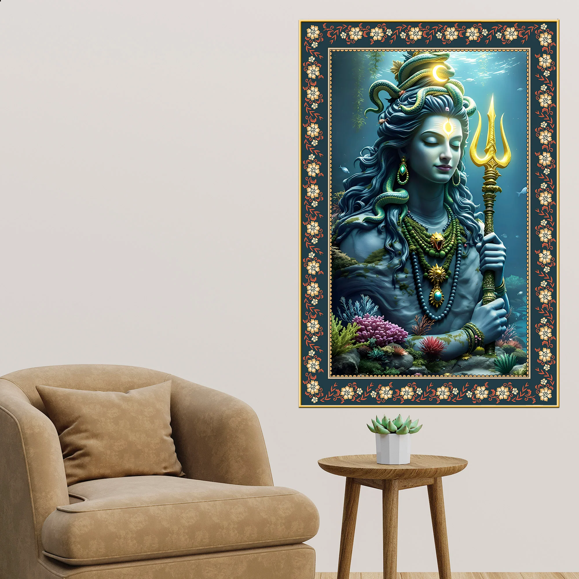 Majestic Shiva with Trident Floral Border Vertical Wall Painting - Image 3