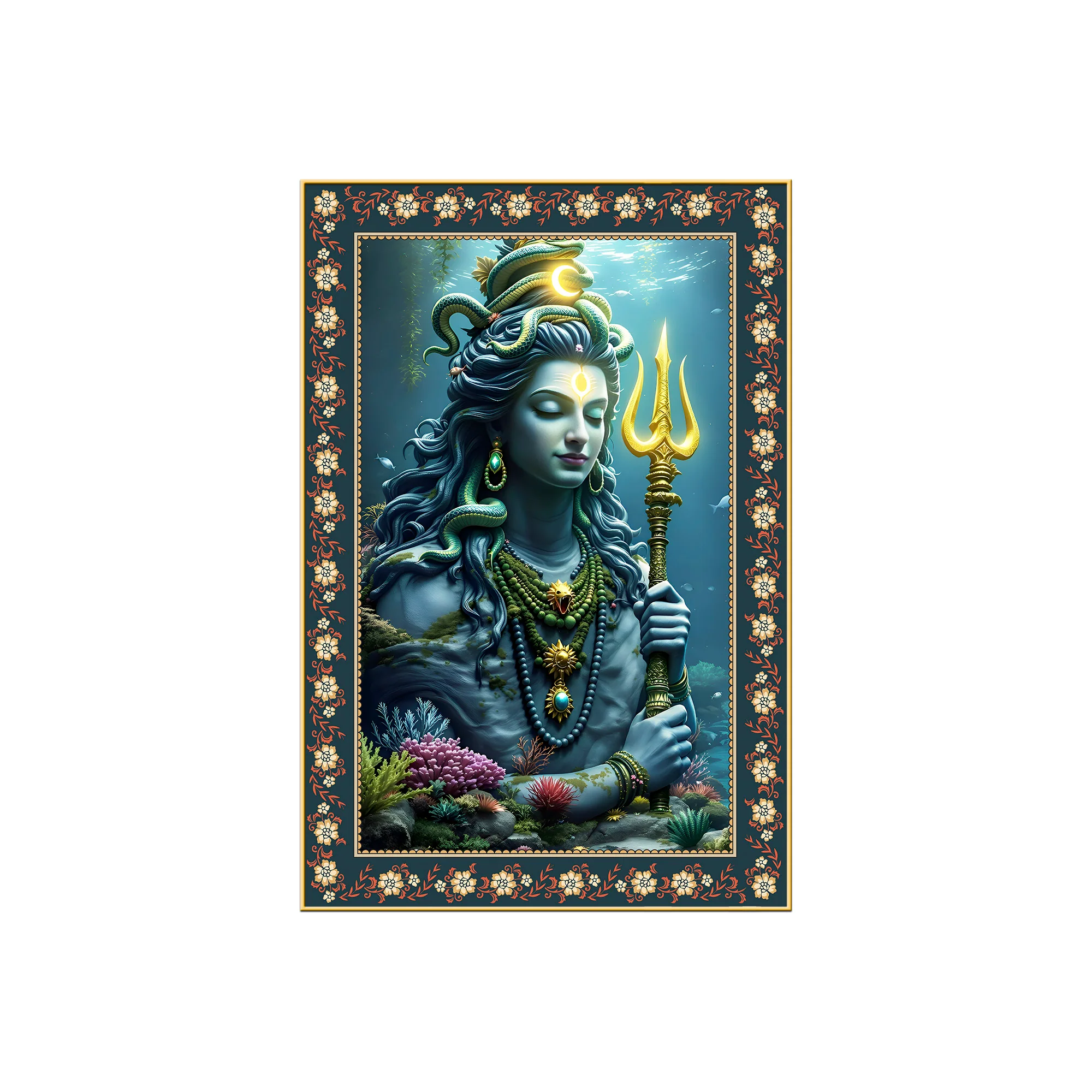 Majestic Shiva with Trident Floral Border Vertical Wall Painting - Image 4