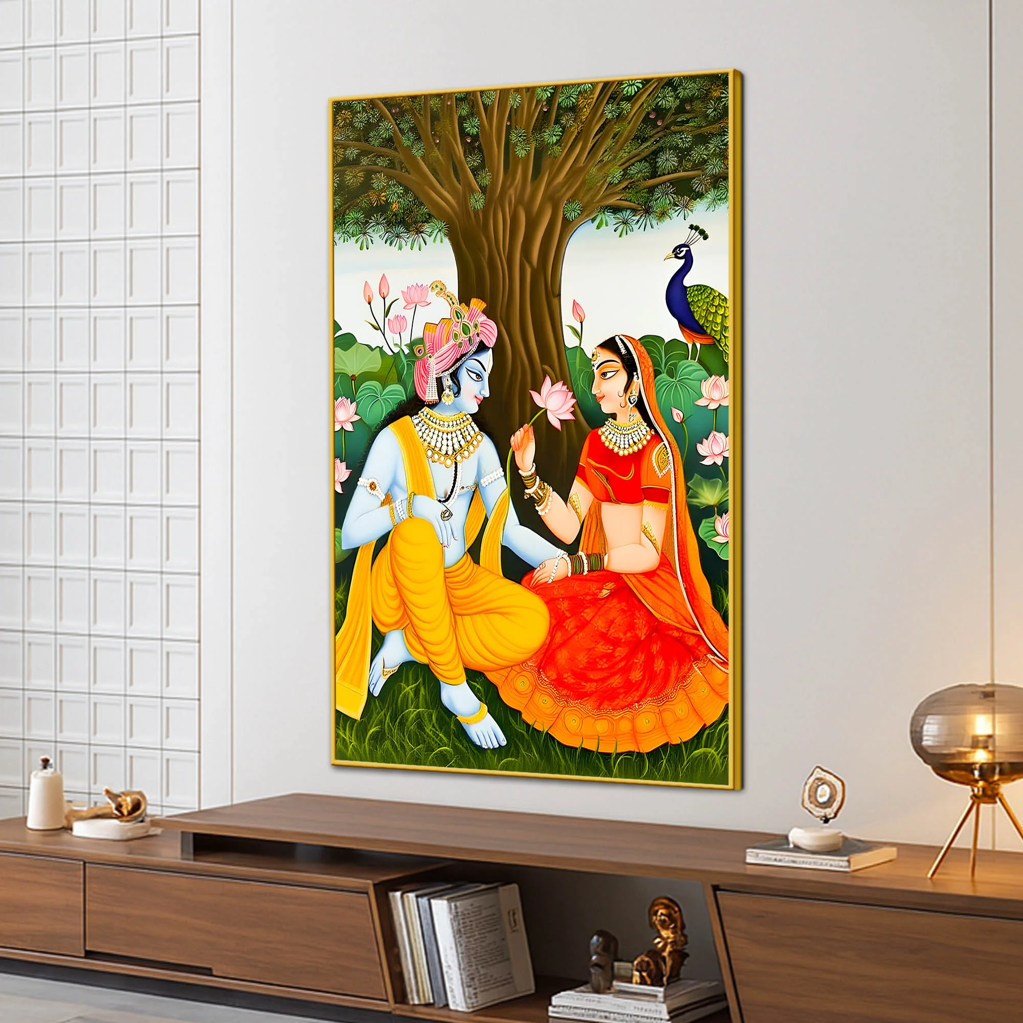 Majestic Shree Radha Krishna Garden Scene Canvas Wall Painting - Image 3