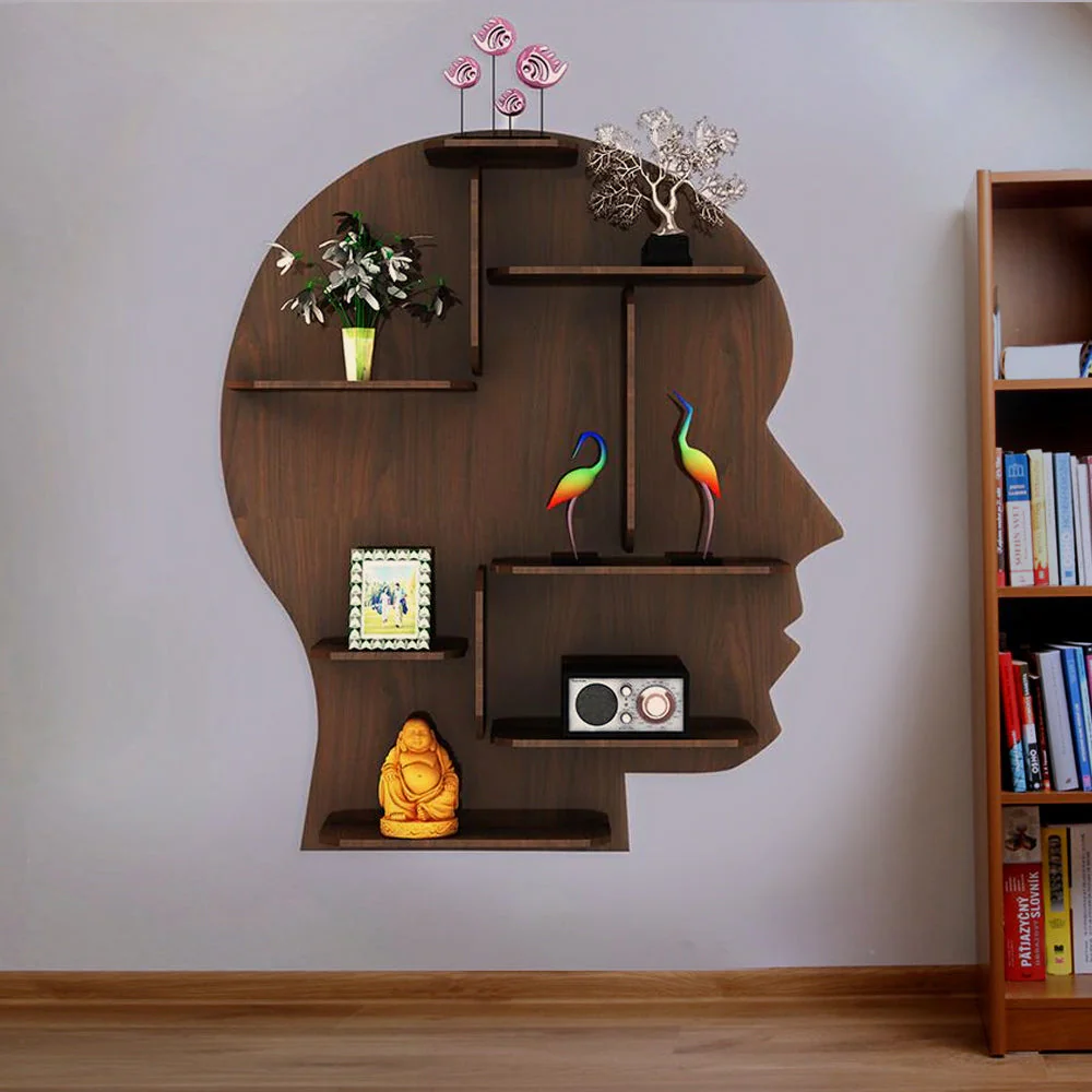 Man Backlit Designer Wooden Wall Shelf / Book Shelf, Walnut Finish - Image 2