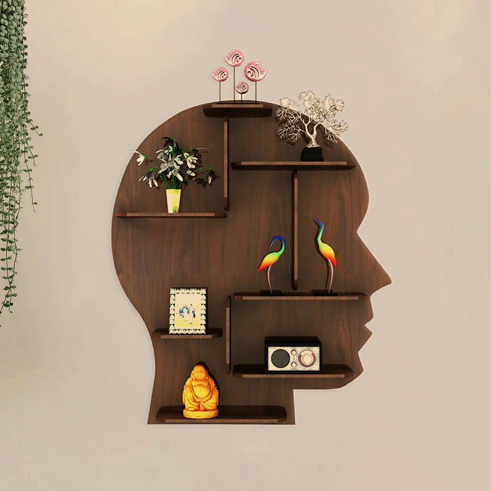 Man Backlit Designer Wooden Wall Shelf / Book Shelf, Walnut Finish - Image 4